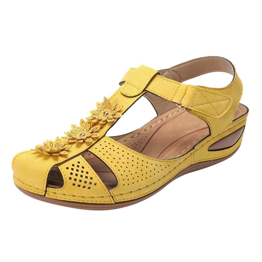 ZBYY Womens Wedge Sandals Flowers Flat Sandals Cutout Hook and Loop Summer Loafers Platforms Casual Walking Shoes