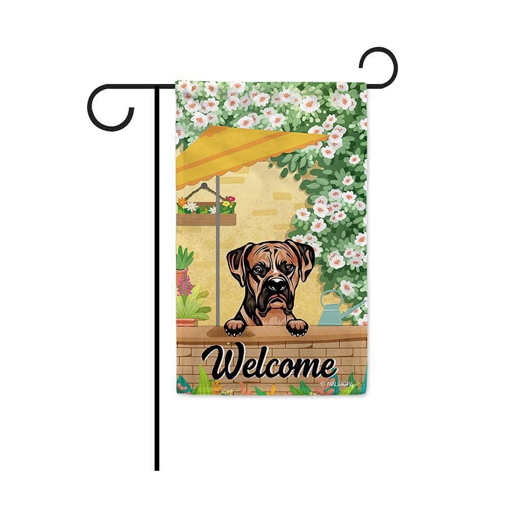 MALIHONG Welcome Dog Garden Flag Cute Peeking Dog Boxer Romantic Yard with Colorful Flower Spring Summer Banner for Home Decor 12.5x18 Inch