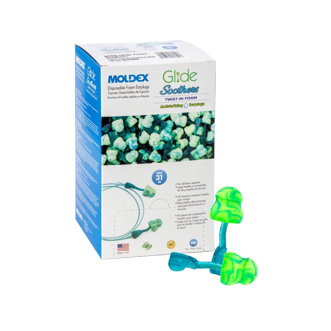 Moldex Glide® Soothers Foam Earplugs, Moisturizing, Soft, Comfortable, Uncorded Disposable Ear Plugs, NRR 31dB Noise Reduction for Hearing Protection, 6980