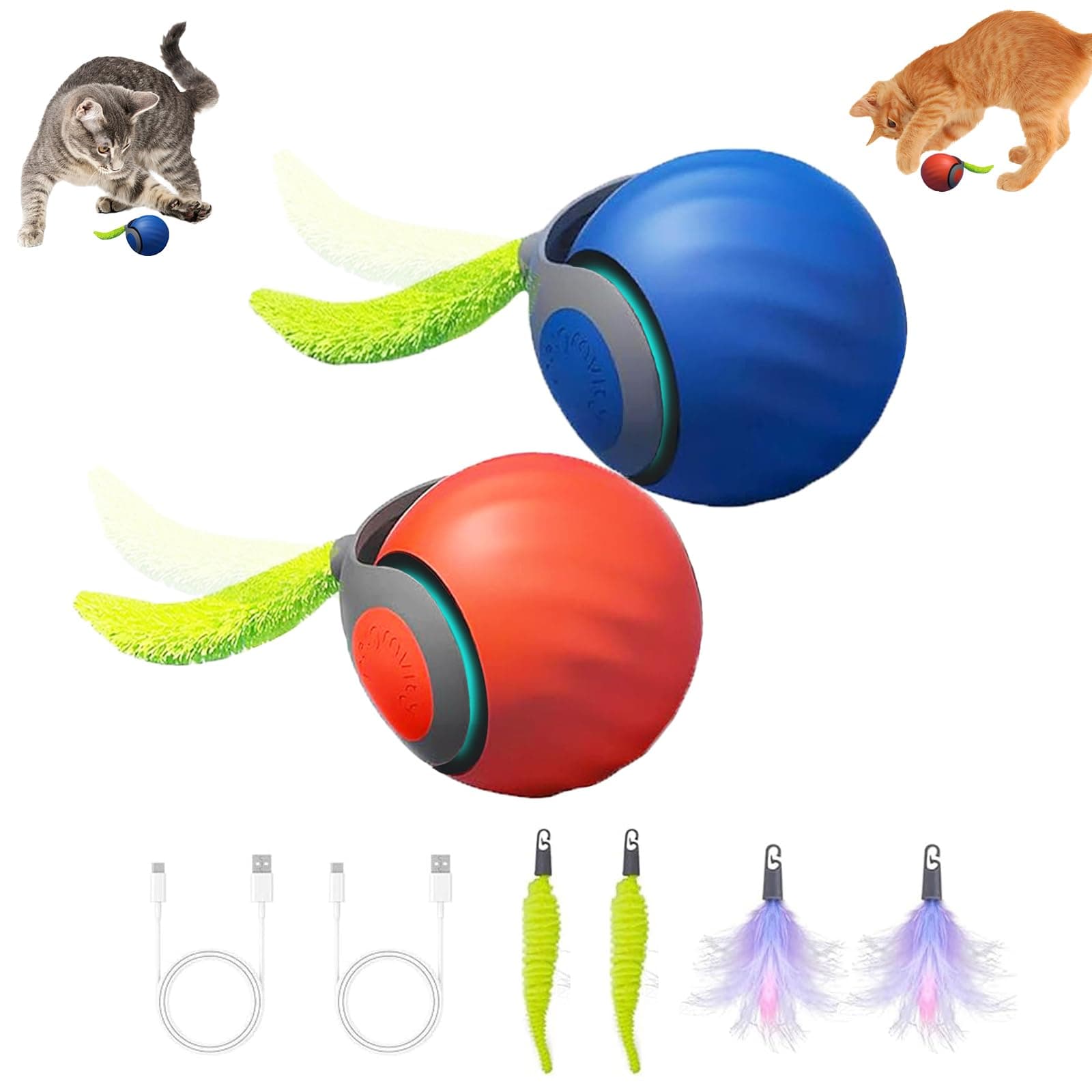 PARNITY Cat Toys, 2Packs and 4 Tails Interactive Cat Toy for Indoor Cats, Speedy Tail 2.0 Automatic Moving Cat Toys Ball, Suitable for Bored Cats Indoors, Jouet Pour Chat (Orange + Blue)