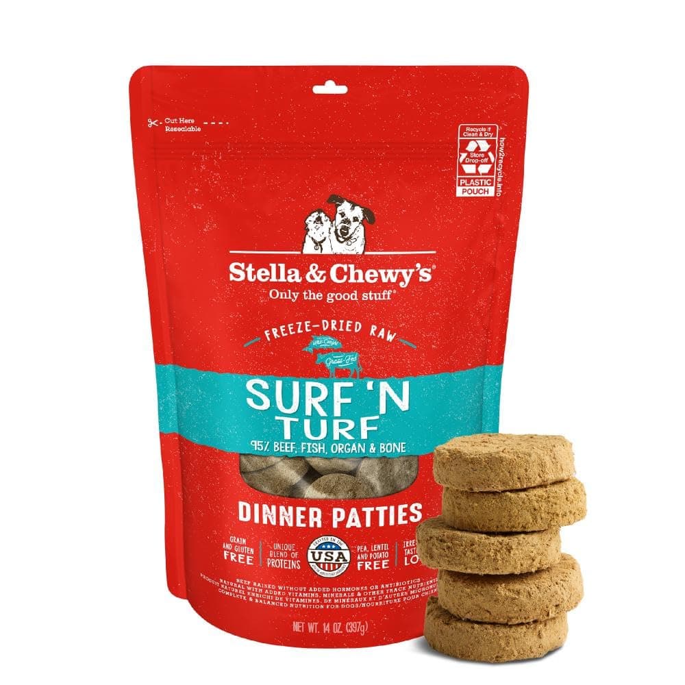 Stella & Chewy’s Freeze Dried Raw Dinner Patties – Grain Free Dog Food, Protein Rich Surf ‘N Turf Salmon & Beef Recipe – 396g Bag