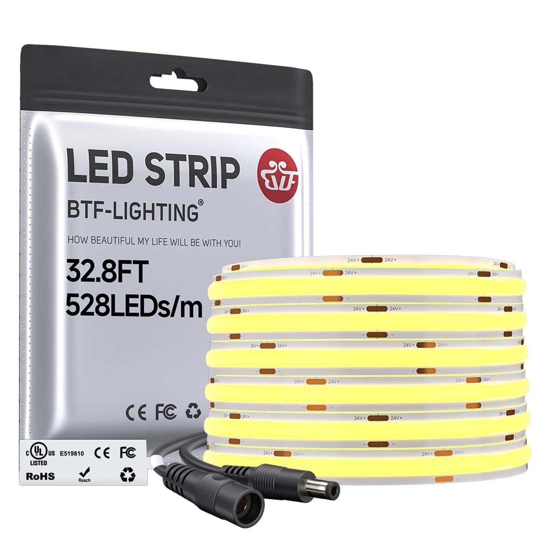 BTF-LIGHTING UL Listed FCOB COB Flexible High Density Uniform Light LED Strip 9W/m 16.4FT/5M DC24V Warm White 3000K CRI 90+ 8mm Width Dimmable LED Ribbon for Bedroom Kitchen Home Indoor Decoration