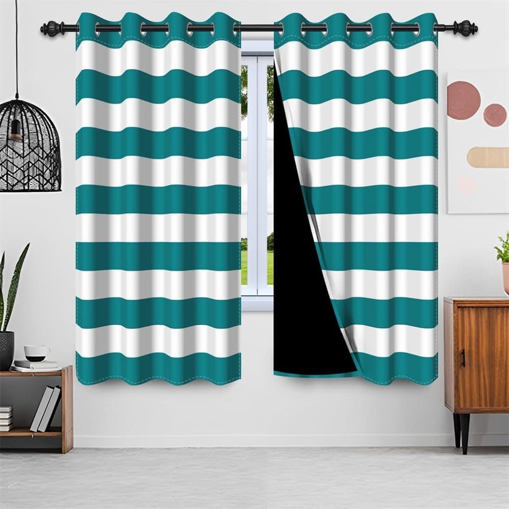 Leyiyi Teal and White Stripe Blackout Curtains Horizontal Striped Printed Window Curtains Minimalist Simple Aesthetic Art Cool Window Drapes for Bedroom Living Room Decor 21x63 Inch,2 Panels