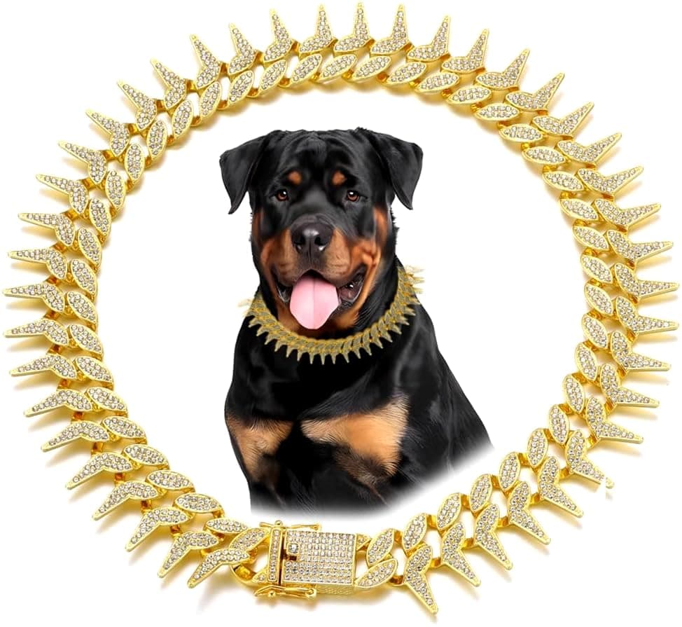 Pimaodog Dog Chain Collar, Side Spiked Style Necklace Bling Diamond Cuban Link Dog Collars Glitter Rhinestone Puppy Collar for for Small Medium Large Pet Dogs (Gold, 8 Inch)