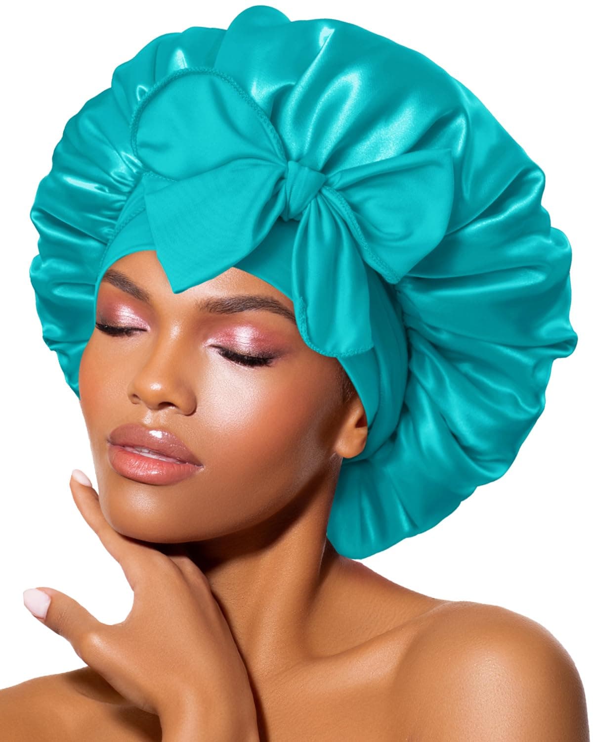 BONNET QUEEN Silk Bonnet for Sleeping Women Satin Bonnet Night Sleep Cap Scarf Wrap for Curly Hair with Tie Band,Aqua