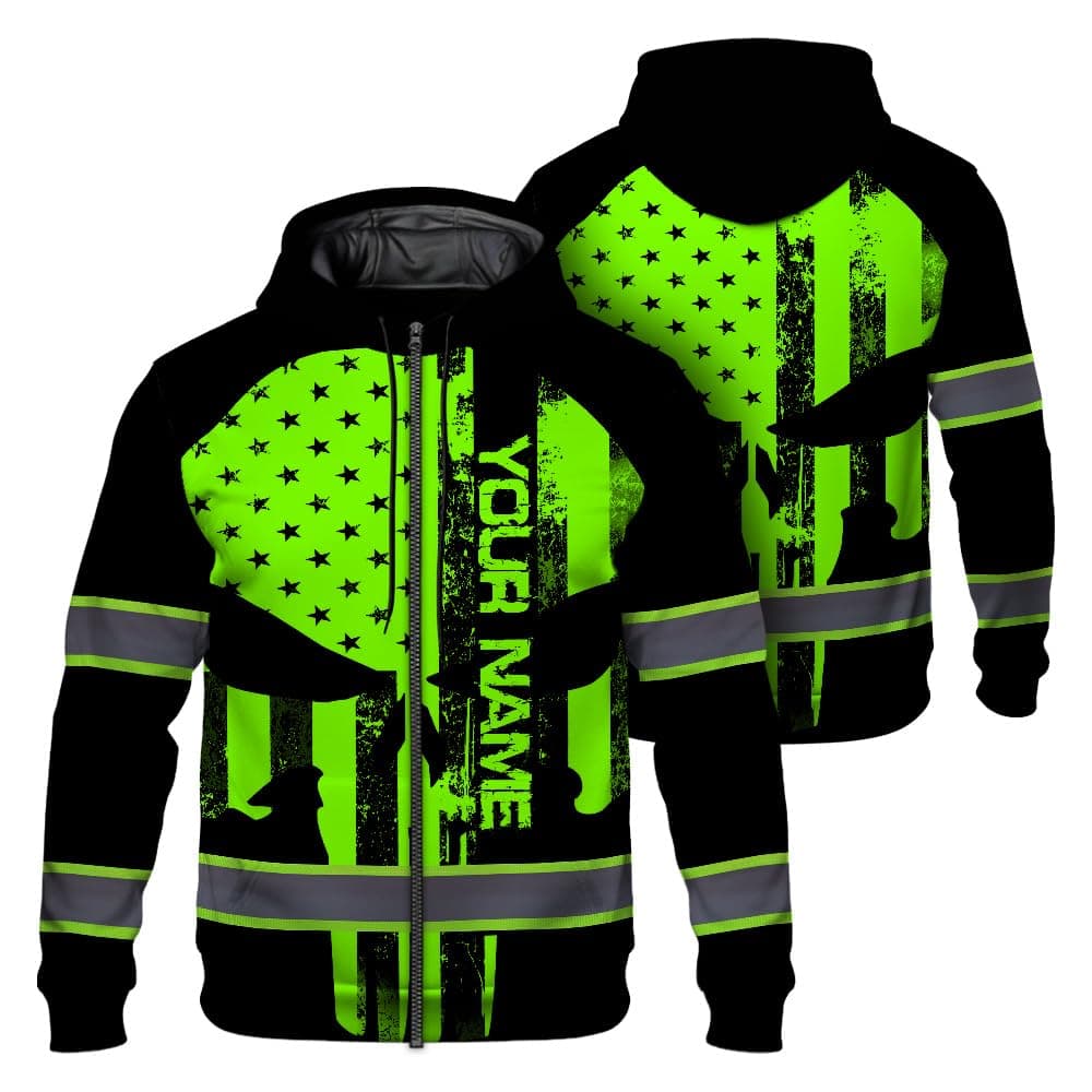 Maddly Hi Vis Reflective Zip Up Hoodie, High Visibility Safety Jacket with Skull Design for runner, worker, trucker, cyclist