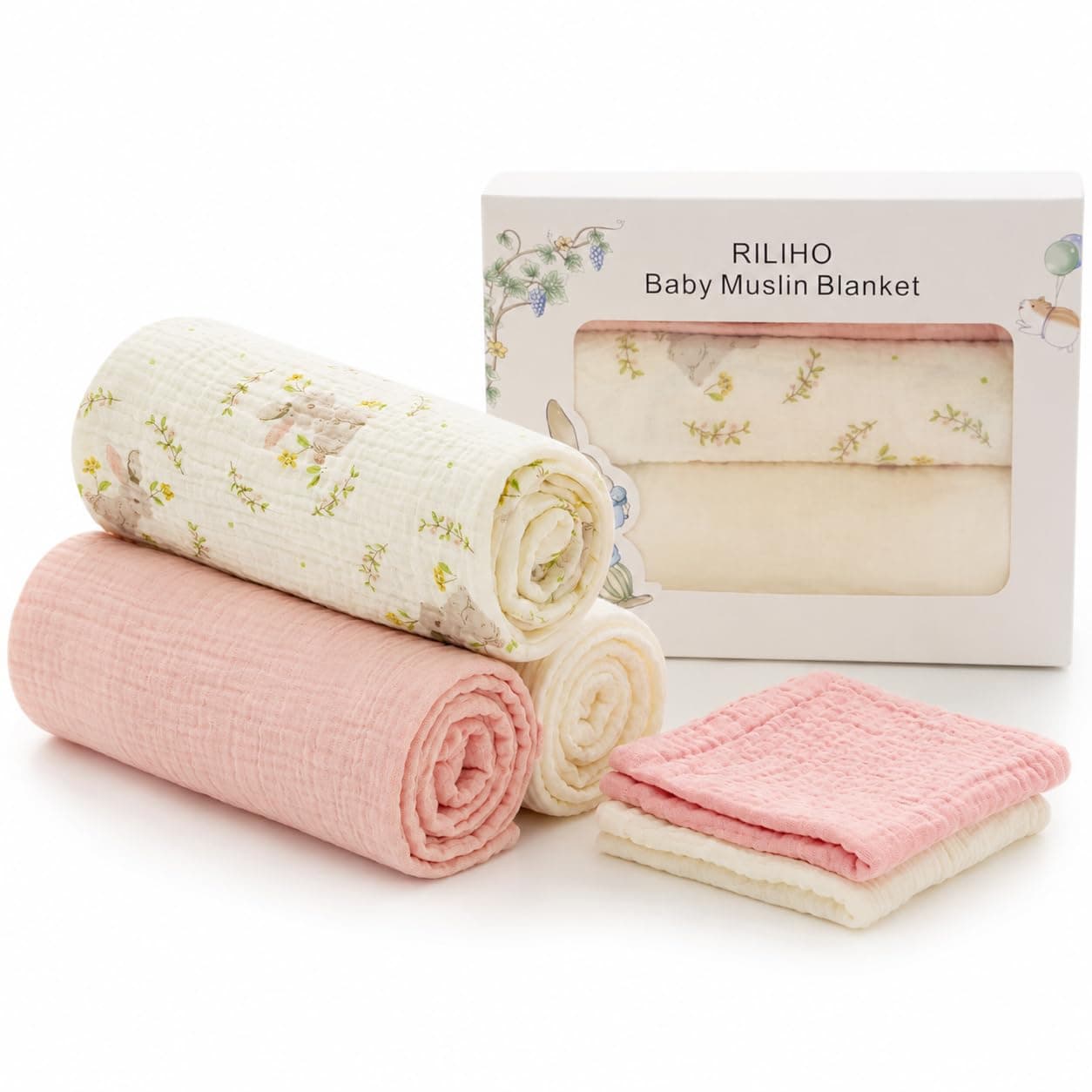 5 Pack Muslin Swaddle Blankets & Baby Burp Cloths, Soft & Breathable Cotton Baby Blankets, Receiving Blankets for Newborn Girl, Nursery Infant Essentials, Swaddling Wrap for Unisex (Pink & White)
