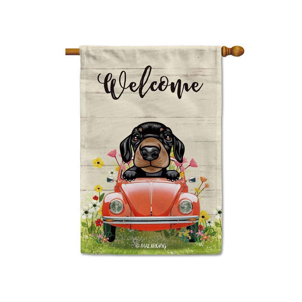 MALIHONG Welcome Dog Summer House Flag Funny Dog Dachshund in Red Truck Flowers Spring Summer Strips Large Flag Outdoor Yard Decorative Double Sided Polyester for Home Decor 28 x 40 Inch