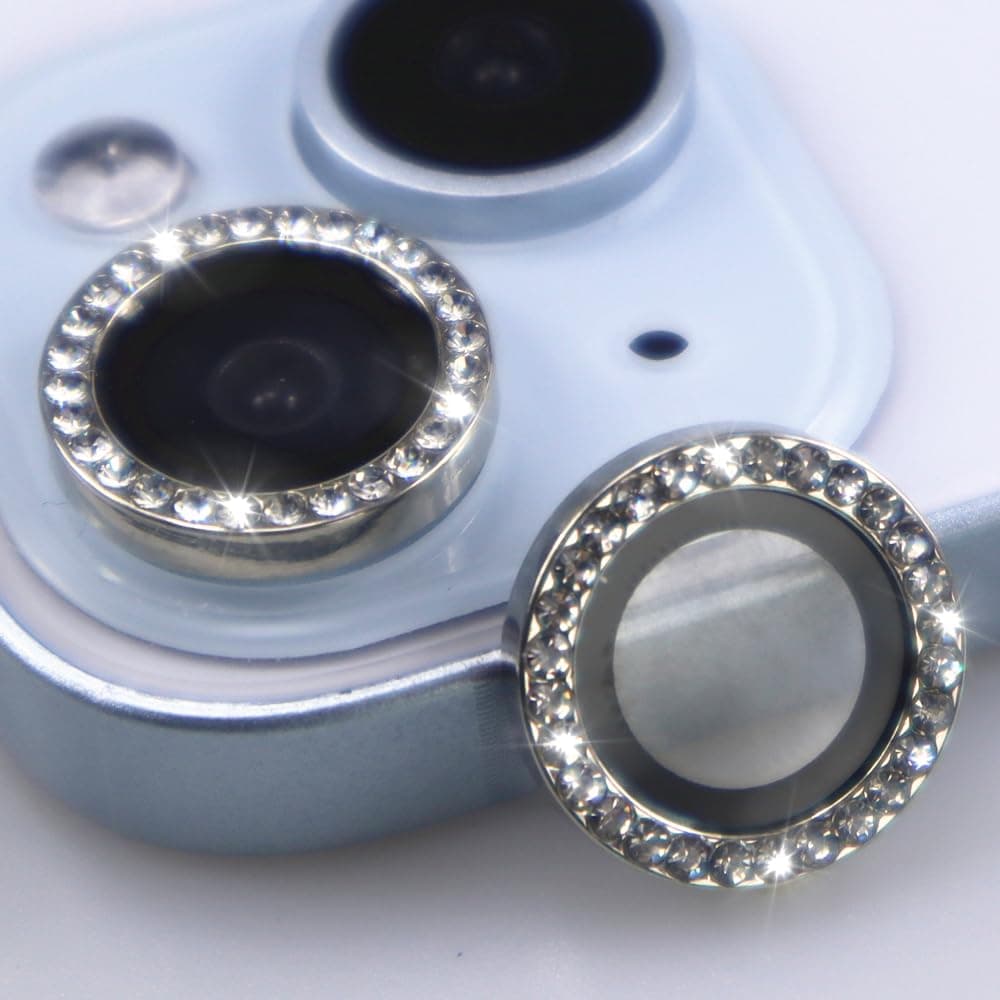 BONVAN for iPhone 15/15 Plus Camera Lens Protector Bling Glitter Diamond Metal Crystal Tempered Glass Screen Accessories Rhinestones Lens Cover, also Compatible with iPhone 16e (2PCS) (Silver)