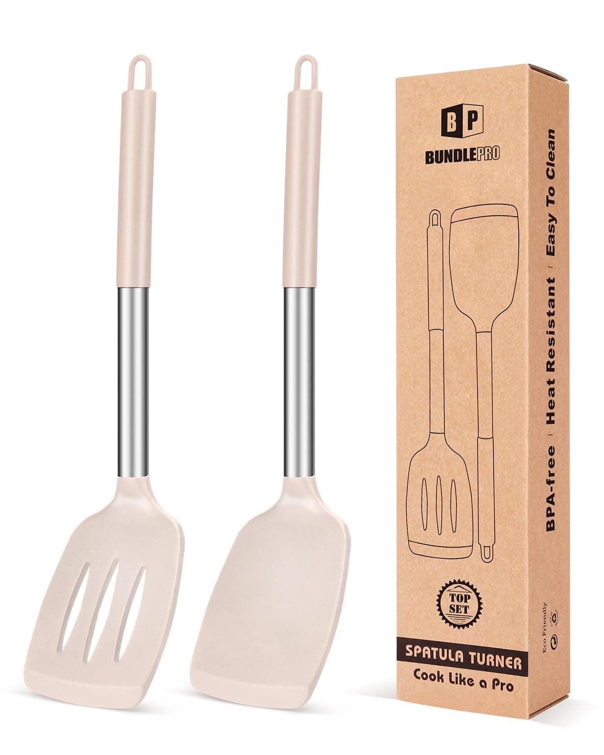 Pack of 2 Silicone Slotted Spatula,Non Stick Solid Kitchen Turner, High Heat Resistant BPA Free Cooking Utensils for Fish, Eggs, Pancakes(Khaki)