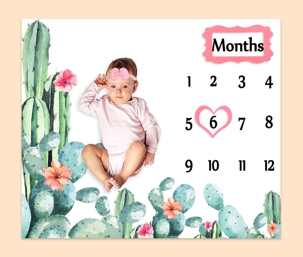 PHMOJEN Cactus Baby Milestone Blanket Monthly Photography Blanket for Baby Girls Green Plant Design Newborn Baby Blanket for Age Photo Props Newborn Gift Idea Photography Backdrop BTXTPH723