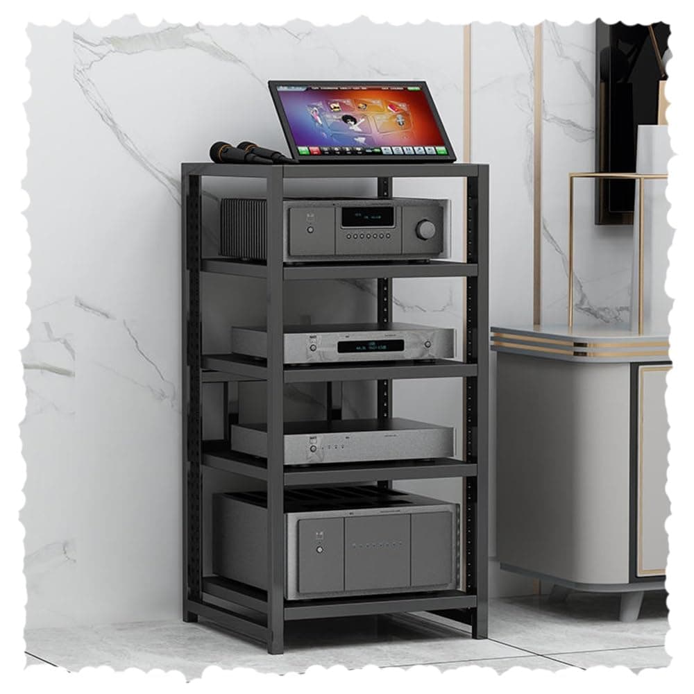 BIUBPW Modern 80cm-31.4in Black Media Center for Living Room: 6-Tier Adjustable AV Cabinet with Open Frame and Steel Frame