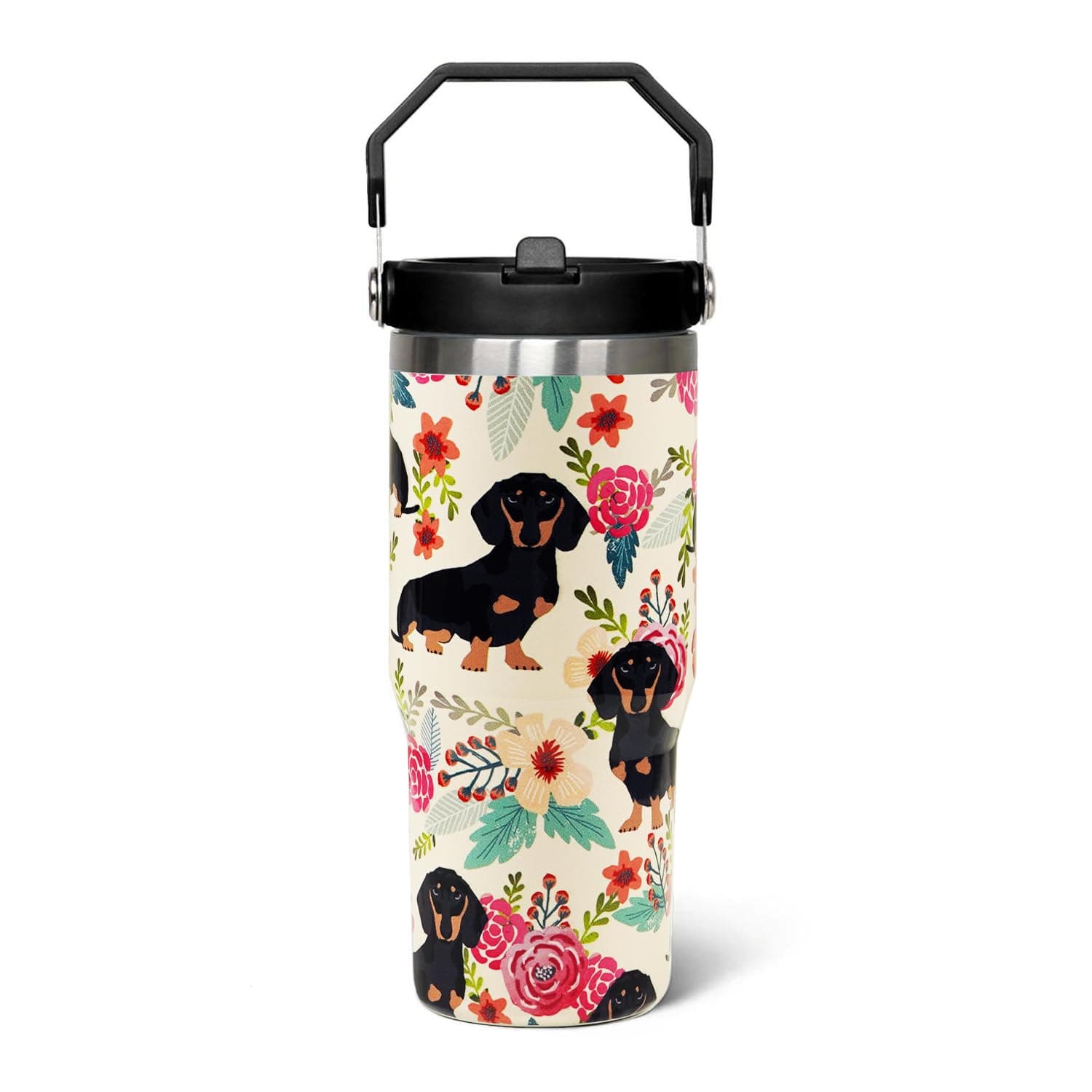 Dachshund Gifts with Handle and Straw, Stainless Steel Vacuum Insulated Flip Straw 30 oz Dachshund Tumbler, Spill Proof Coffee Travel Mug Dog Lovers Gifts