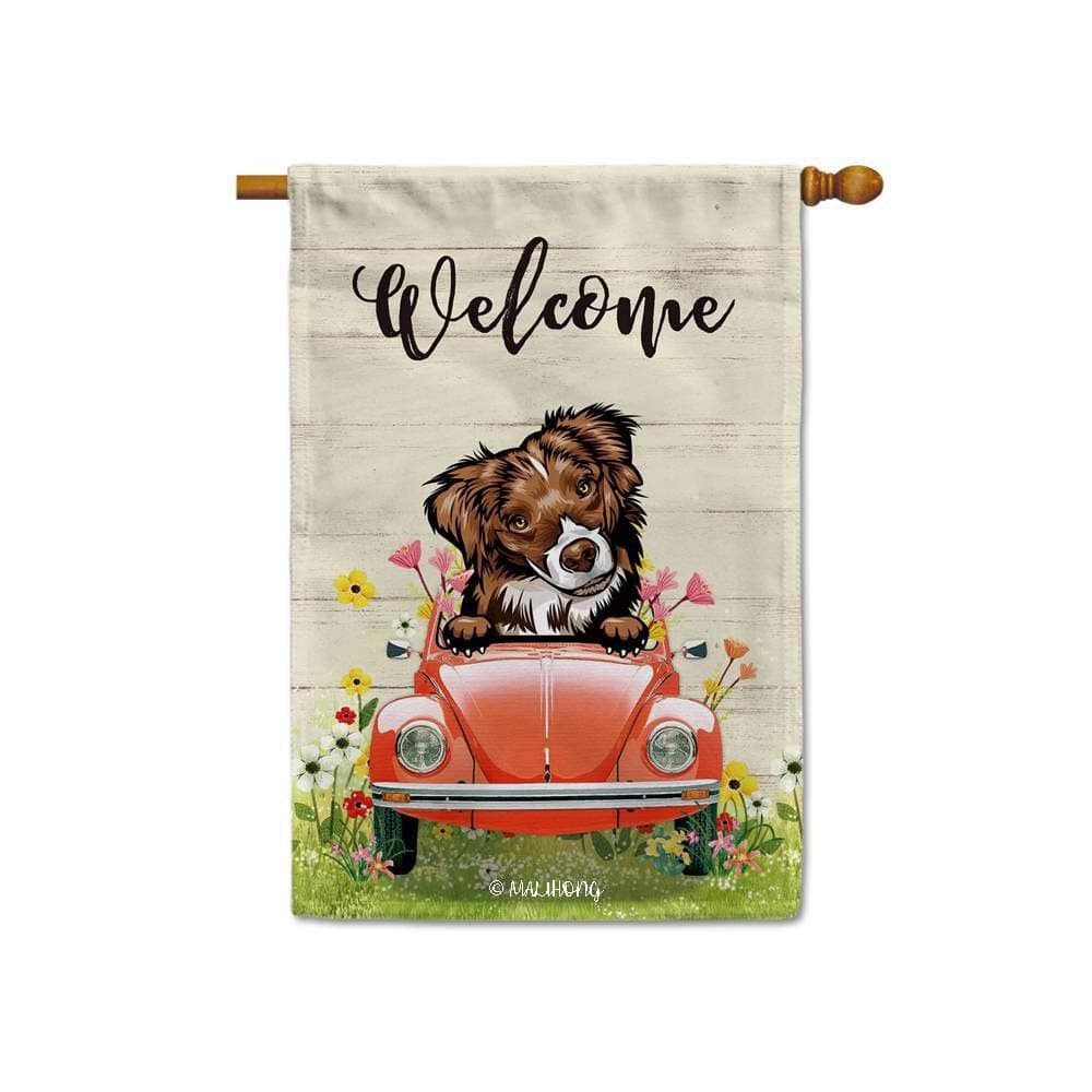 MALIHONG Welcome Dog House Flag Peeking Dog Australian Shepherd in Red Retro Car Surrounding with Flowers Spring Summer Banner for Home Decor 28 x 40 Inch