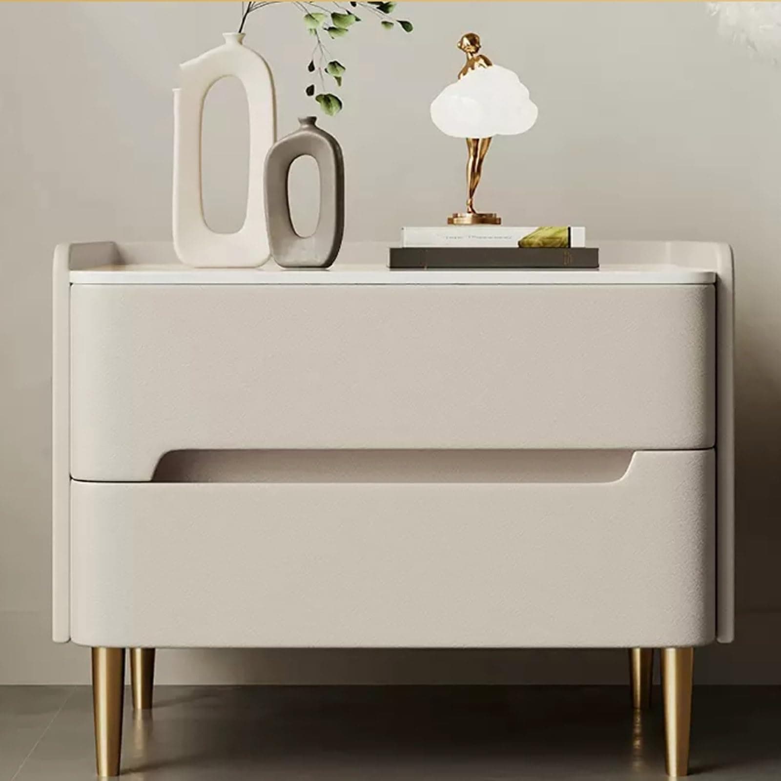 Gray Modern Minimalist Bedroom Solid Wood Bedside Table with Slate countertop, Modern Bedroom Sofa Wooden Bedside Table with Double Storage Drawers - Modern Wooden Coffee Table (Color : Off-White, S