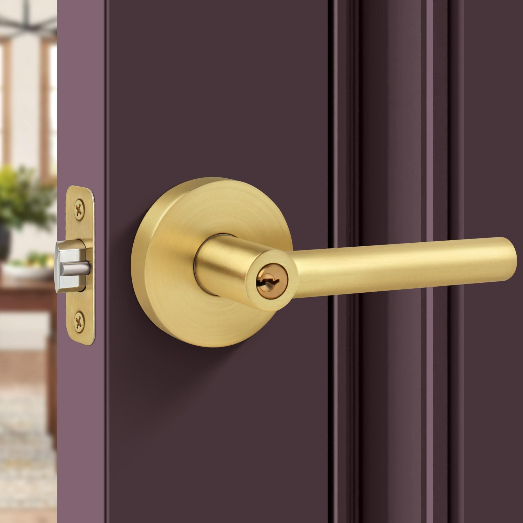Gaurqiah Entry Door Lock with Keys,Brushed Gold Door Handles, Heavy Duty Door Lever, Round Door Handle for Exterior/Interior Doors, Reversible Door Lever for Bedroom or Office-Satin Brass Finish
