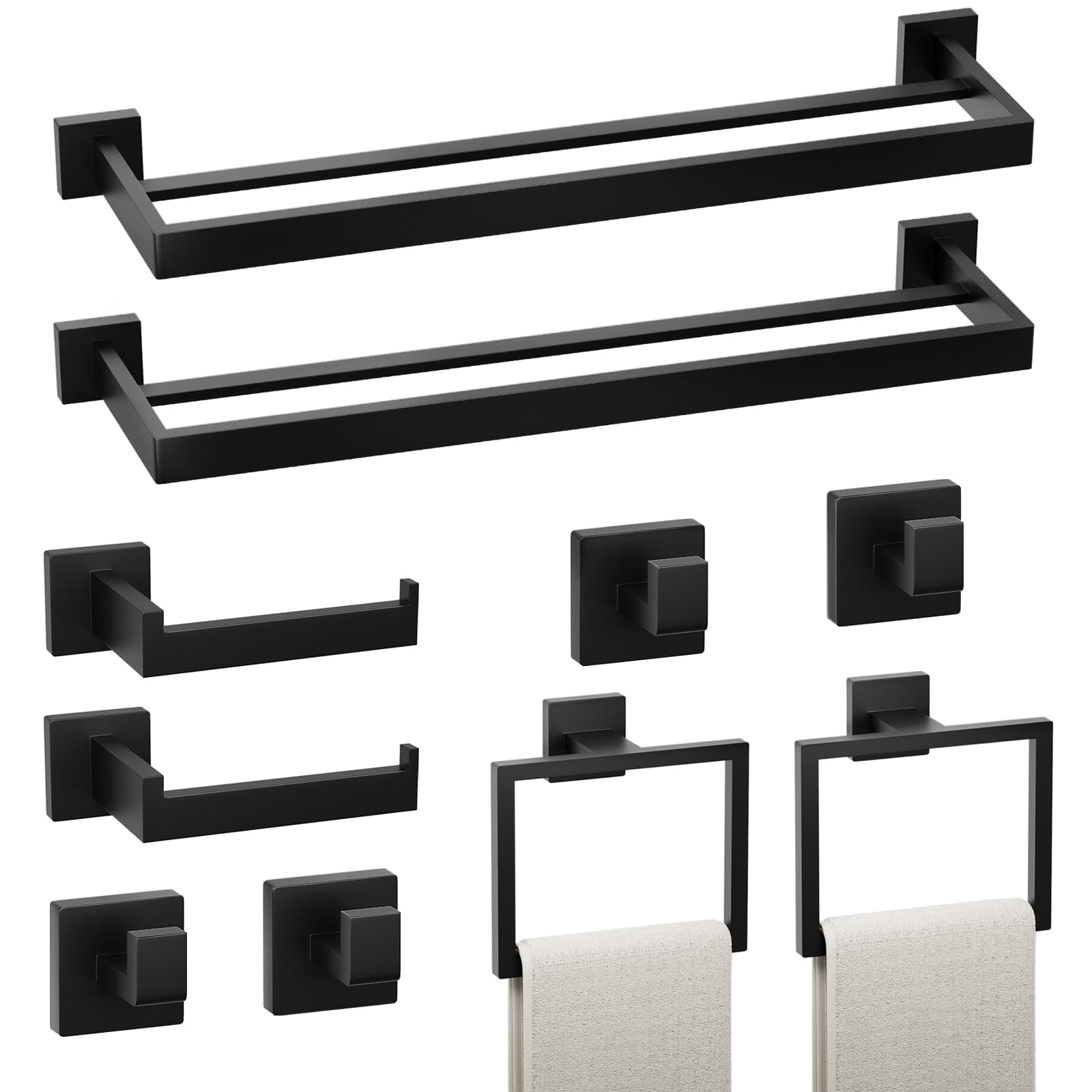 ENCYS 10-Pieces Bathroom Hardware Set,23.6inch Wall Mounted Double Towel Bar Set，Towel Rack&Toilet Paper Holder&Towel Ring and Towel Hook;Bathroom Accessories Set(Matte Black)