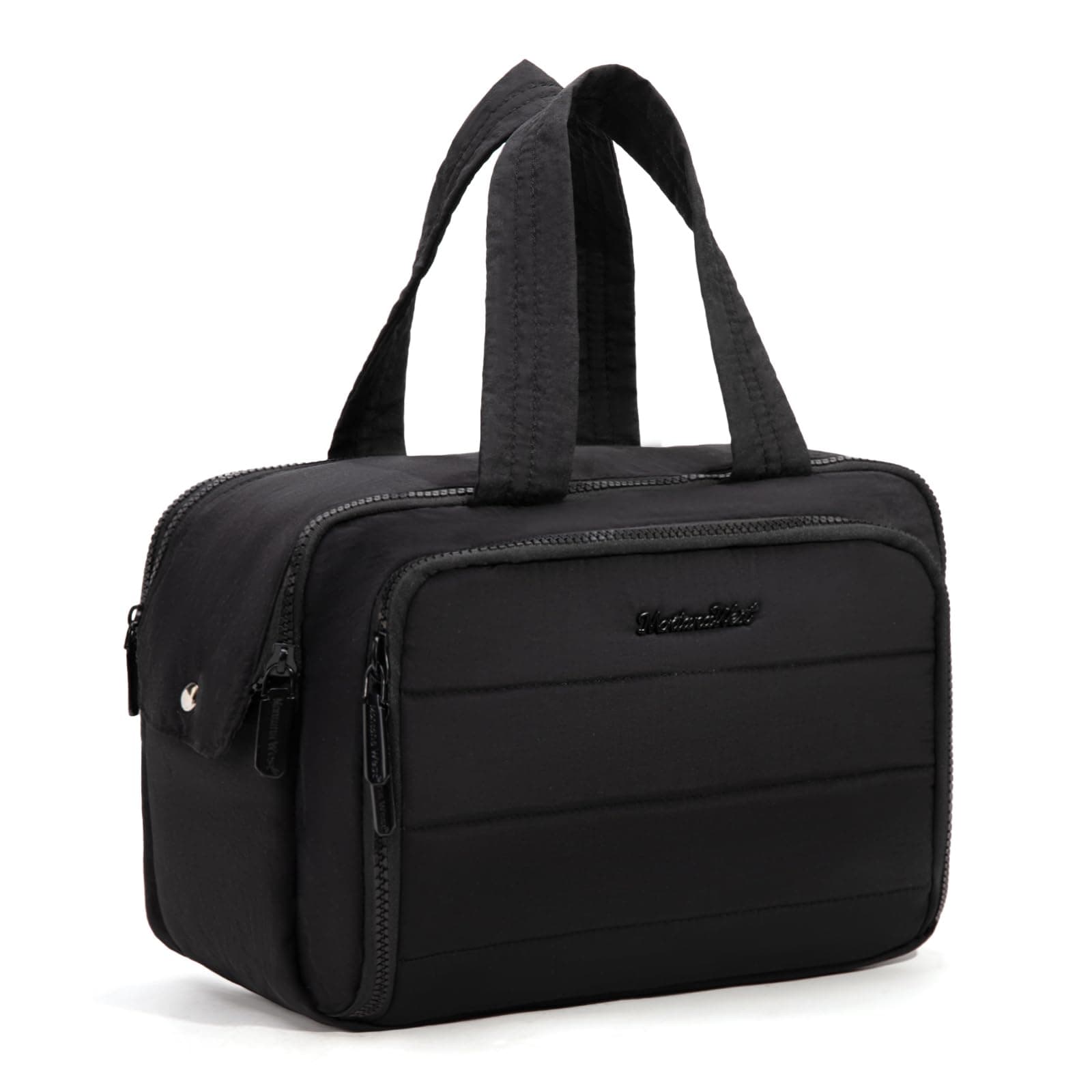 Montana West Travel Toiletry Bag for Women, Large Wide Open Puffy Makeup Bag Organizer with Brush Holder, Waterproof Lining, Lightweight Cosmetic Bag for Travel Essentials, Black, 12.5" x 4.6" x 9.5