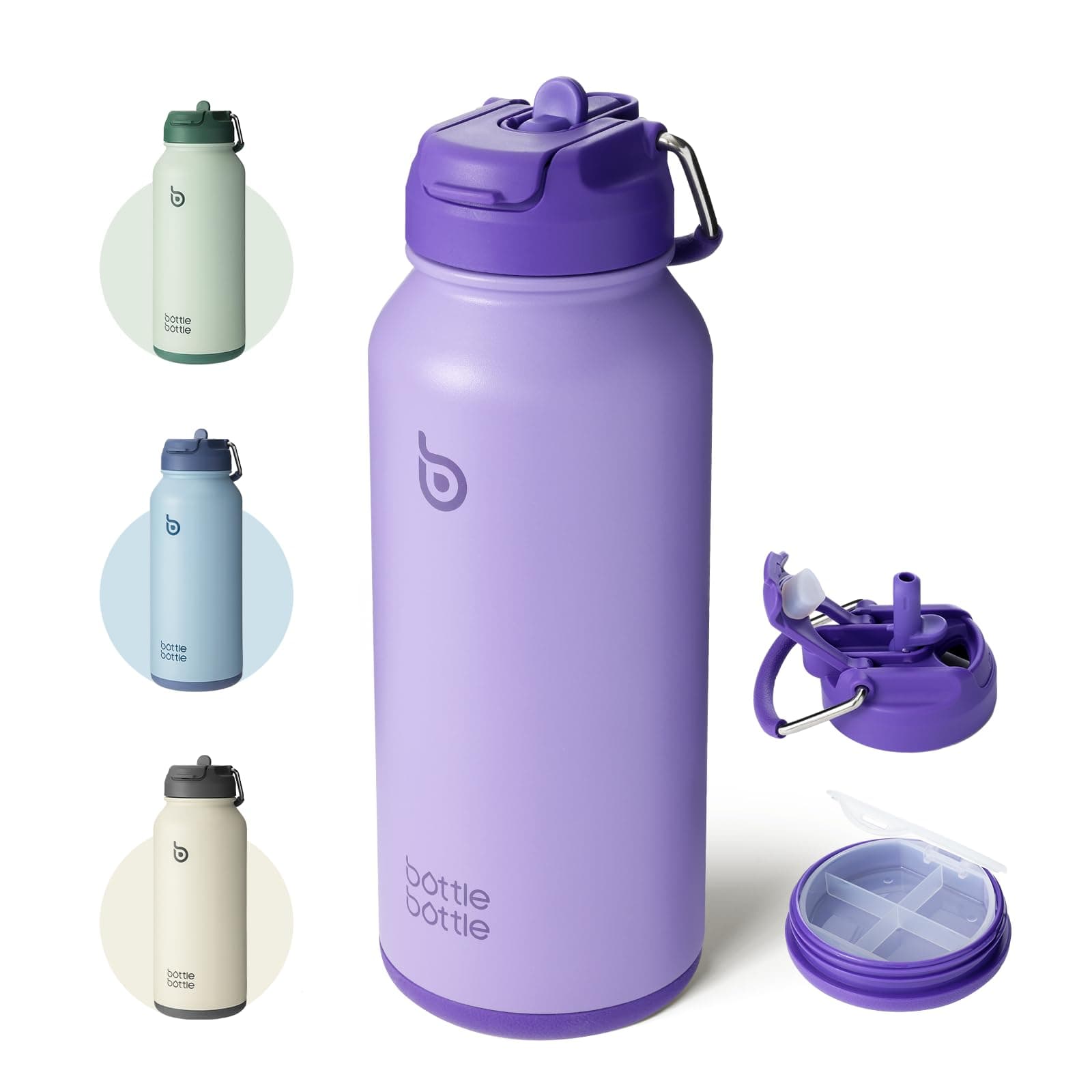 BOTTLE BOTTLE 32oz Insulated Water Bottle Stainless Steel Sport Water Bottle with Straw Dual-use Lid Design for Gym with Pill Box (purple), B2C01130B