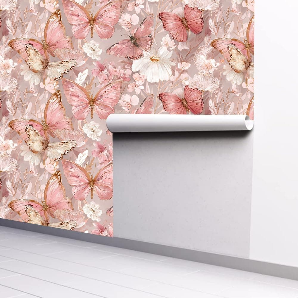 Pink Butterfly Wall Decals, Watercolor Flower Peel and Stick Wallpaper for Girls Bedroom Nursery, Romantic Floral Mural for Mother's Day Home Decor, 39.37x15.75 Inch