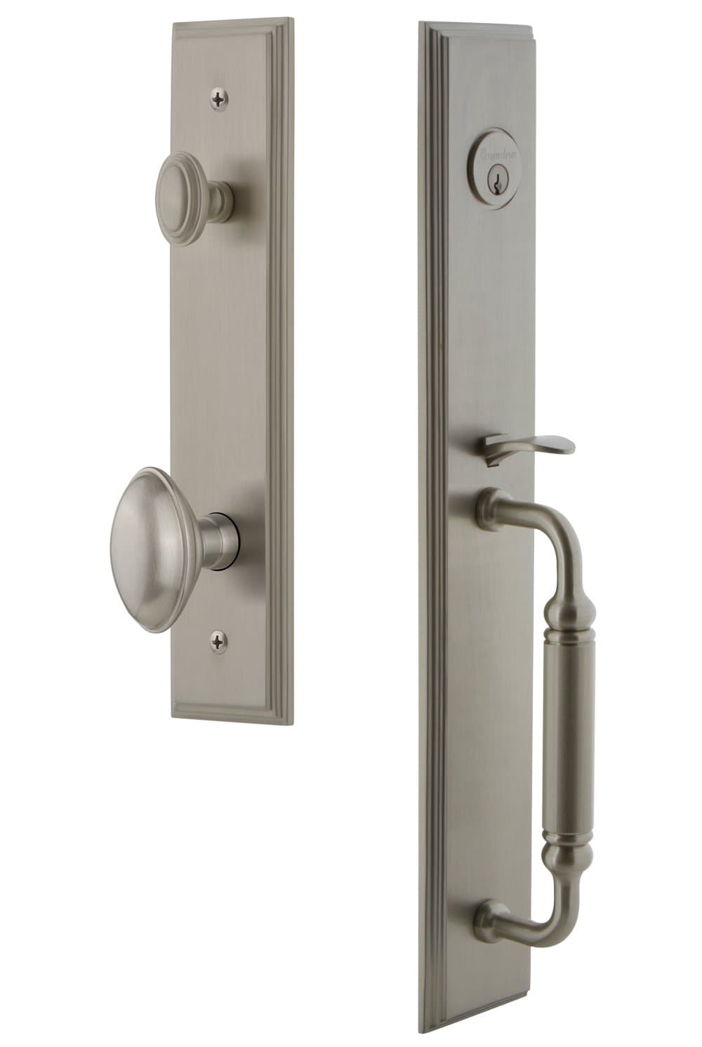 Grandeur 842306 Hardware Carre' One-Piece Handleset with C Grip and Eden Prairie Knob, Backset Size-2.375", Satin Nickel