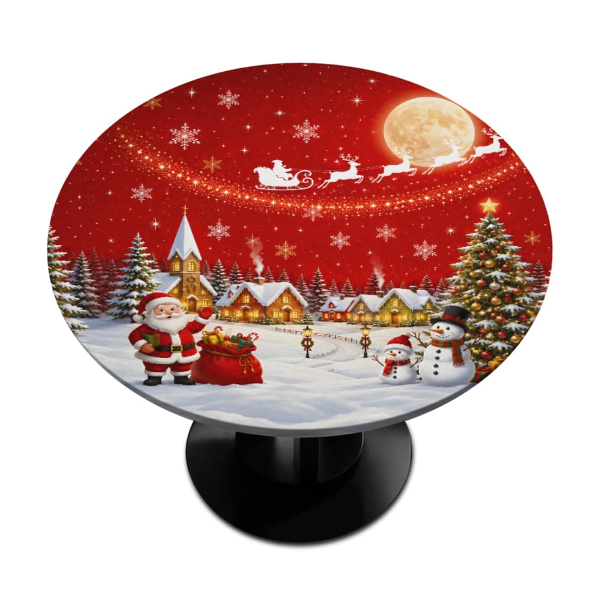 Christmas Round Fitted Tablecloth with Elastic Edge Holiday Decor Xmas Fitted Circle Table Cover Wipeable Round Table Cloths for Kitchen Patio Parties Outdoor Dining Decor (Fit for 45"-50" Tables)