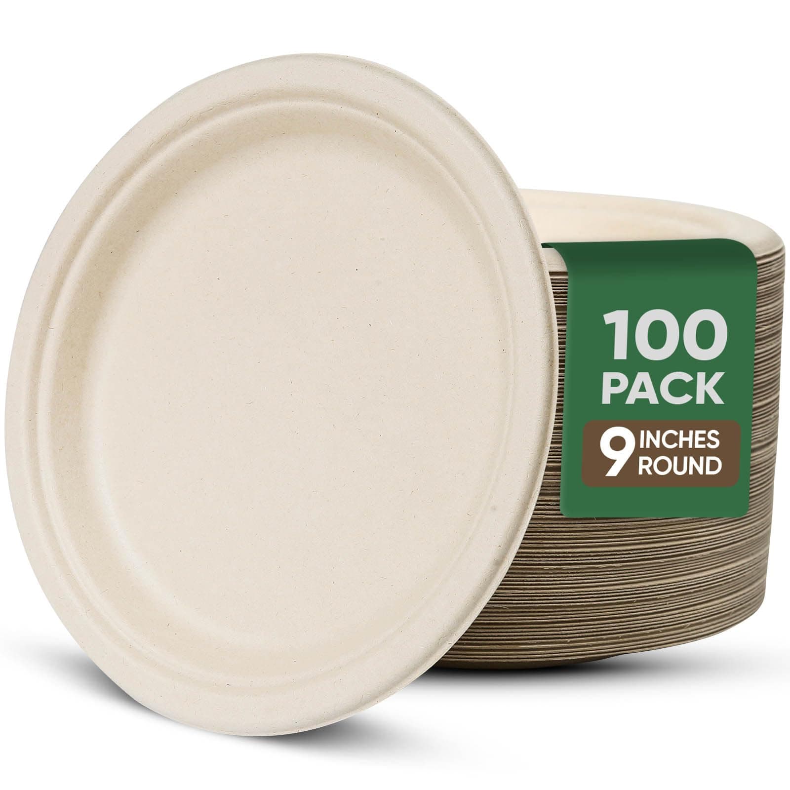TaidMiao Disposable Paper Plate 9 inch,100% Compostable,100 Pack