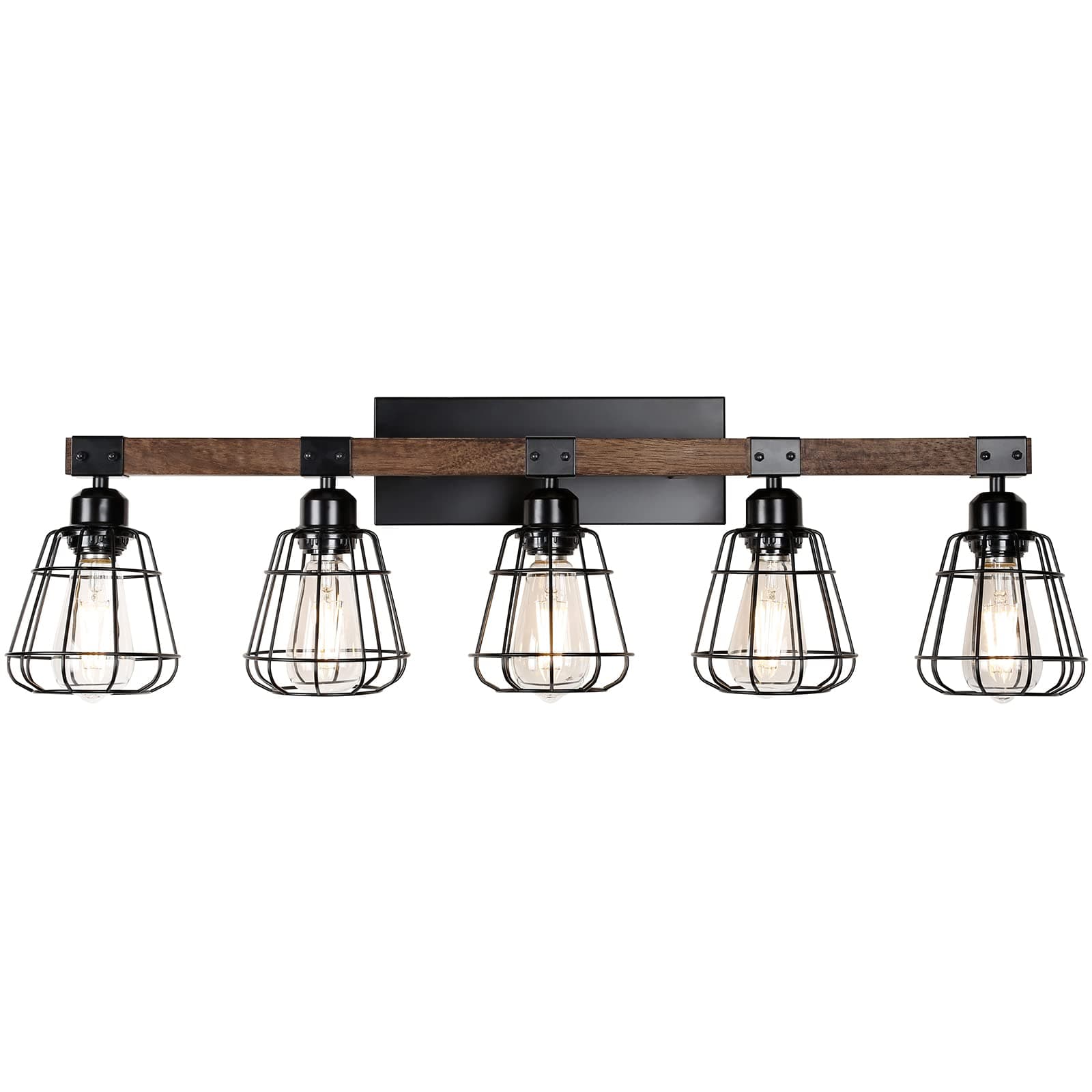 TELAFLY 5 Lights Modern Wall Lighting Over Mirror,Bathroom Vanity Light Fixtures,Farmhouse Black Wood Metal Cage Industrial Wall Sconce