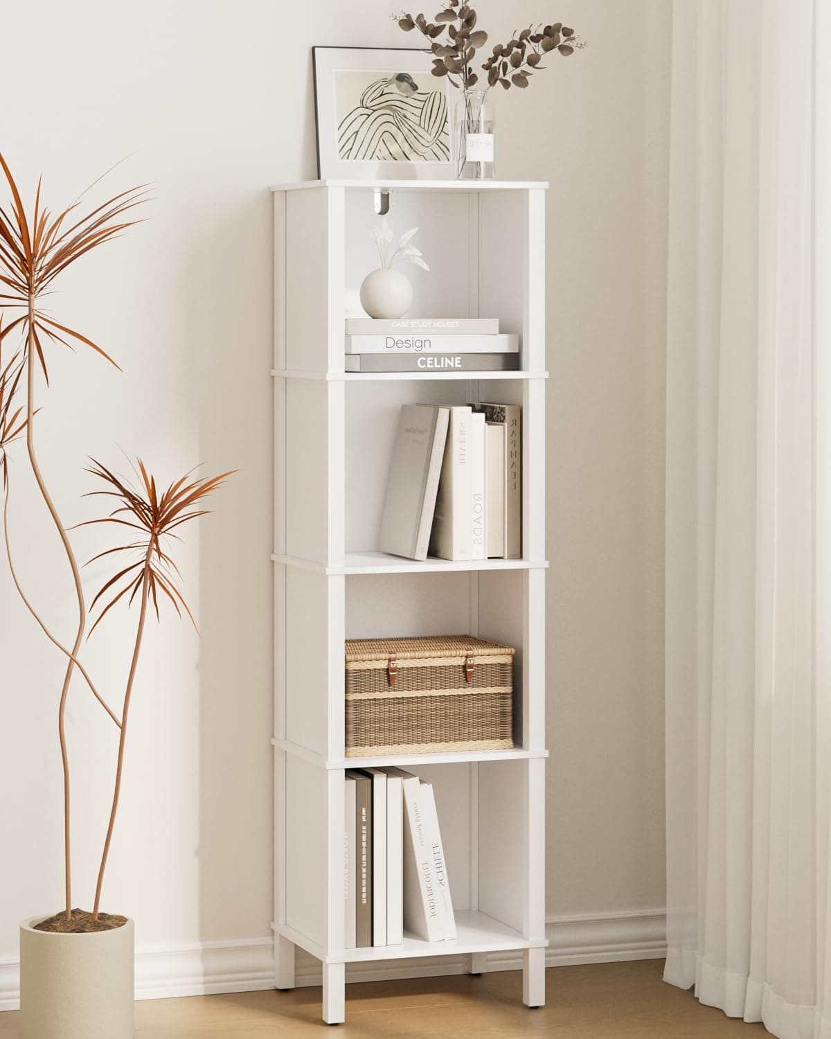 Apetaccat Bookshelf, Modern 4-Tier Bookcase, Open Storage Book Shelf, Small Narrow Bookshelves for Living Room, Home Office, Bedroom, White