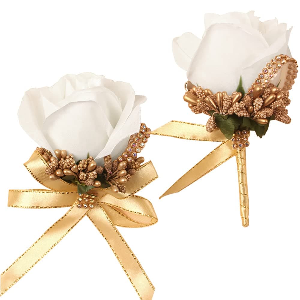 WANLIAN Rose Wrist Corsage Bridesmaid Corsage and Boutonniere Set for Wedding Prom Party Hand Flower Decoration Set of 2 (Gold + White)