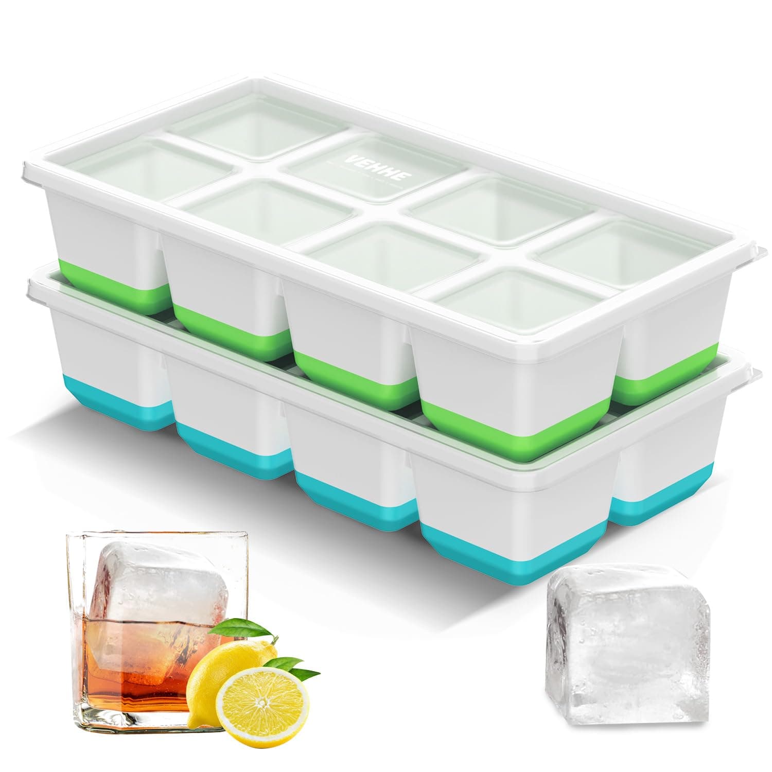 VEHHE Large Ice Cube Tray, Silicone Bottom, Easy Release, 2 Pack