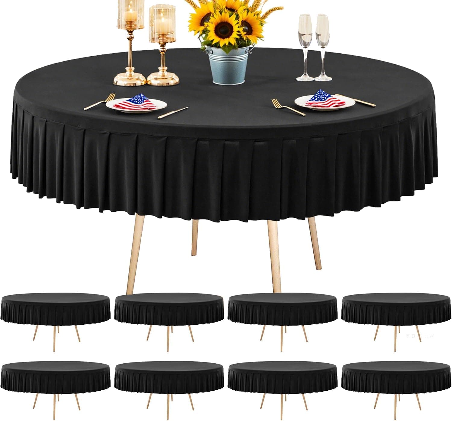 8 Packs Black Round Spandex Tablecloth for 72 Inch Tables 6FT Stretchy Table Cloth with Skirt, Wrinkle-Free Fitted Table Cover for Wedding Vendor Birthday Party Banquet Graduation & Home Decor