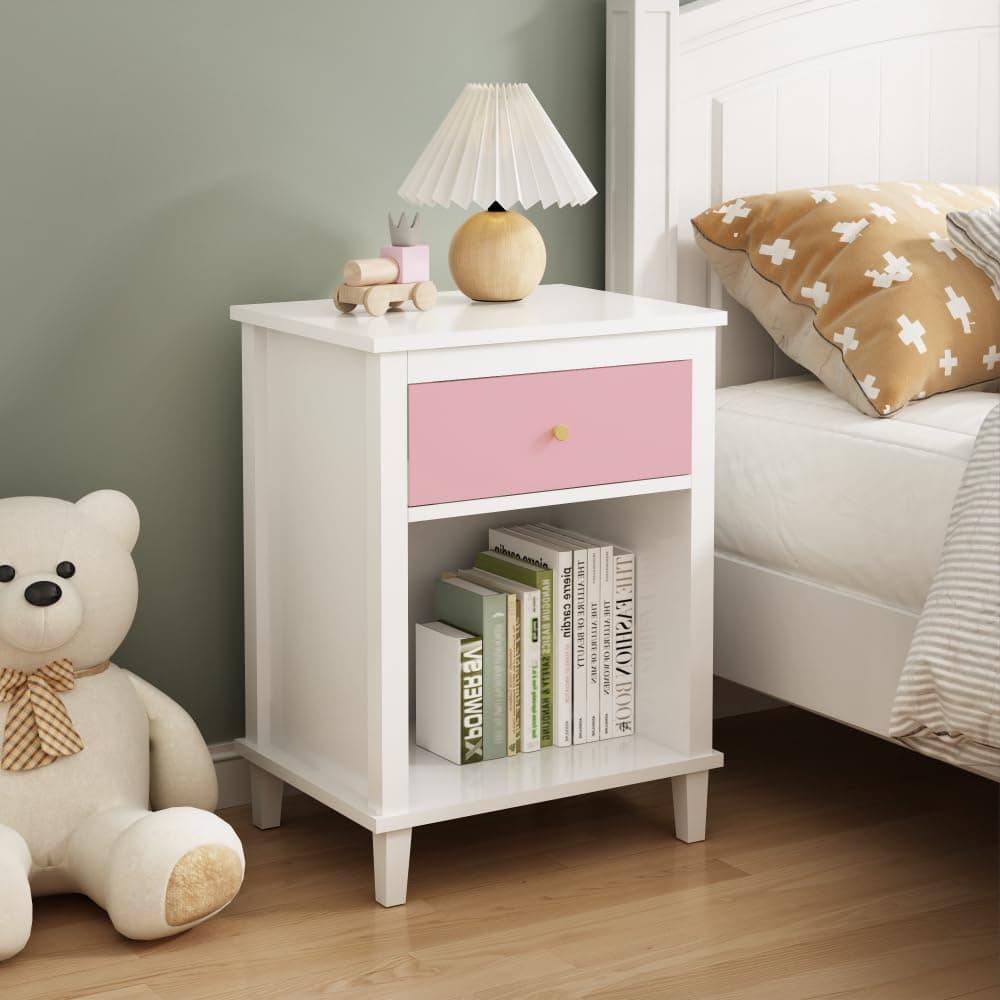 DKYNDSYN Modern Nightstand with Drawer and Open Shelf, Metal Handle, 19.68" W x 14.96" D x 26.77" H, Engineered Wood, White & Pink