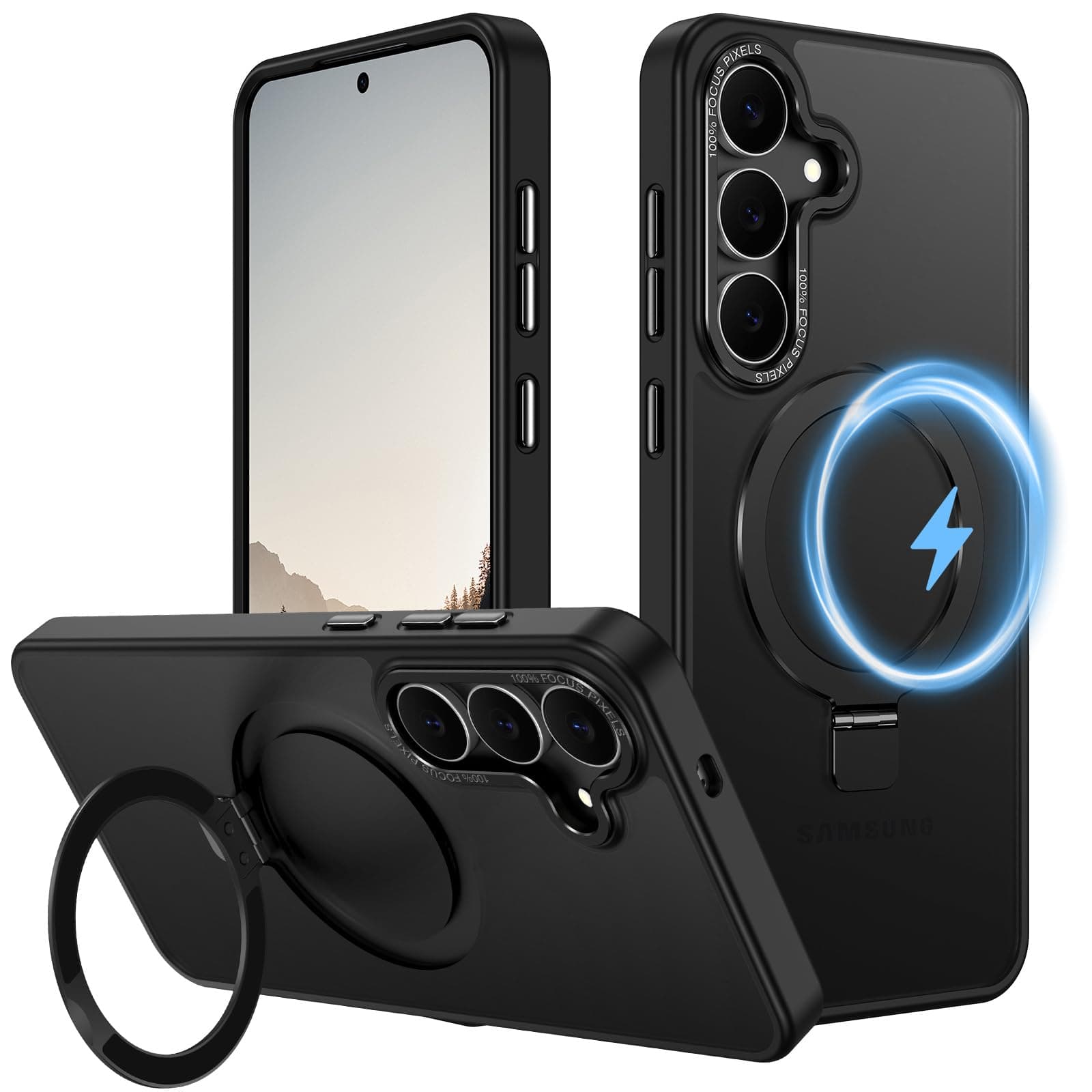 Hensione for Galaxy S25 FE Case,[Compatible with MagSafe][Invisible Magnetic Stand Ring Holder],Slim Shockproof Translucent Matte Back Cover for Samsung Galaxy S25 FE 6.7",Black