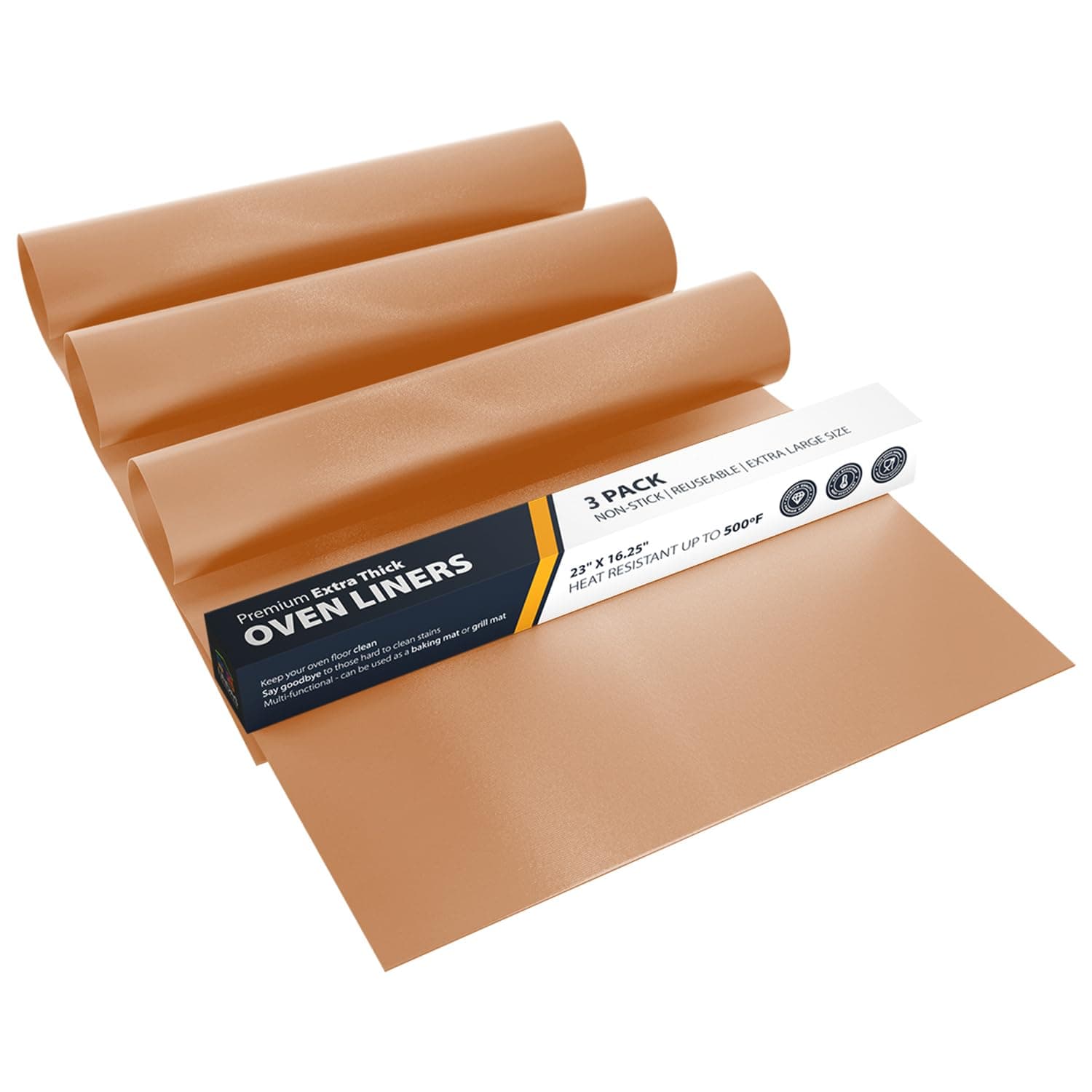 Oven Liners for Bottom of Oven - 3 Pack Large Heavy Duty Mats, 16.25”x23” Non-Stick Reusable Liner for Electric, Gas, Toasters, Grills - BPA & PFOA Free Kitchen Accessory to Keep It Clean (Copper)