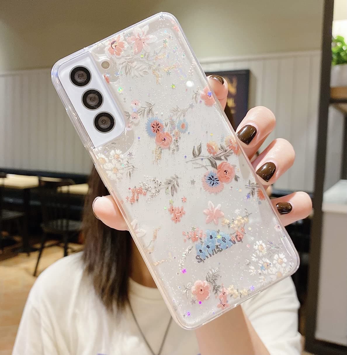 LXXZBC for Samsung Galaxy A22 5G Case Slim Clear Cute Flower Design for Women Girls Fashion Bling Glitter Floral Soft TPU Bumper Transparent Back Cover for Galaxy A22 5G Phone Skin,F