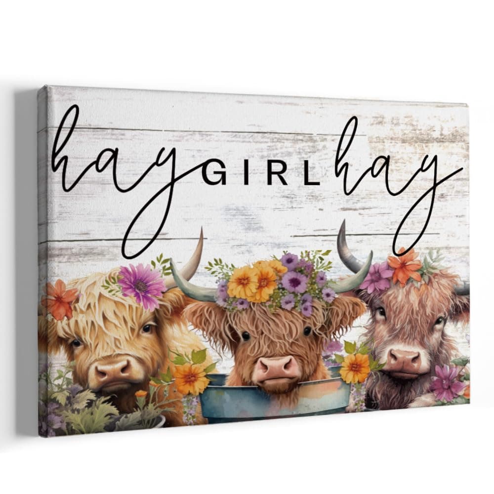 FALJIOK Funny Highland Cow Picture Wall Decor, Farmhouse Cow Wall Art, Cute Cow Gifts Rustic Vintage Country Framed Poster Artwork Prints Pictures for Home Farmhouse Bathroom Bedroom Office 11" x 14"