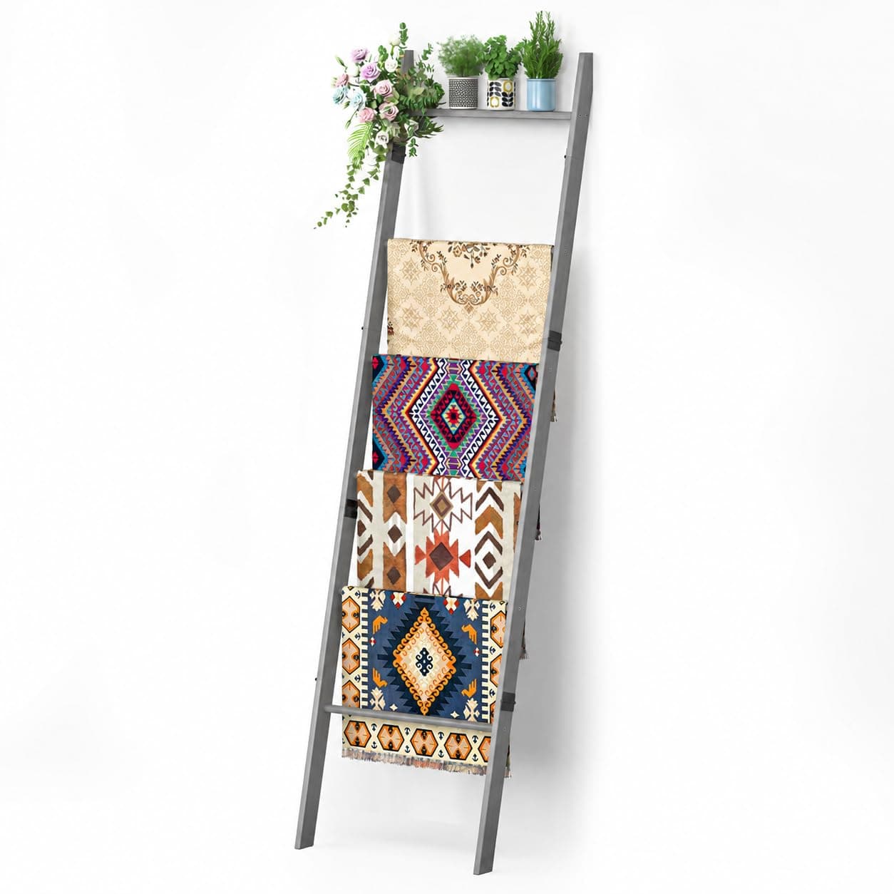 BAMBANG 6-Tier Blanket & Quilt Ladder, Rustic Farmhouse Decor Towel Holder Shelf for Living Room, Bedroom, Bathroom (Gray)