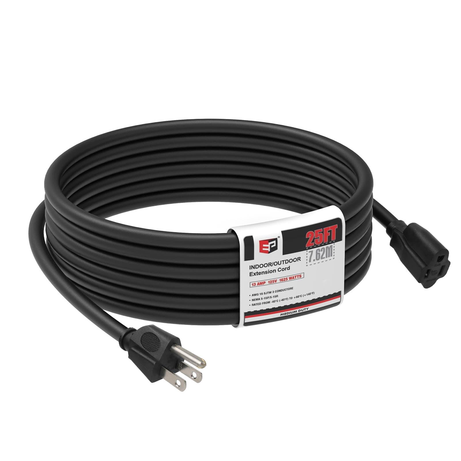 EP 25 Ft Outdoor Extension Cord - 16/3 SJTW Black Electrical Cable with 3 Prong Grounded Plug