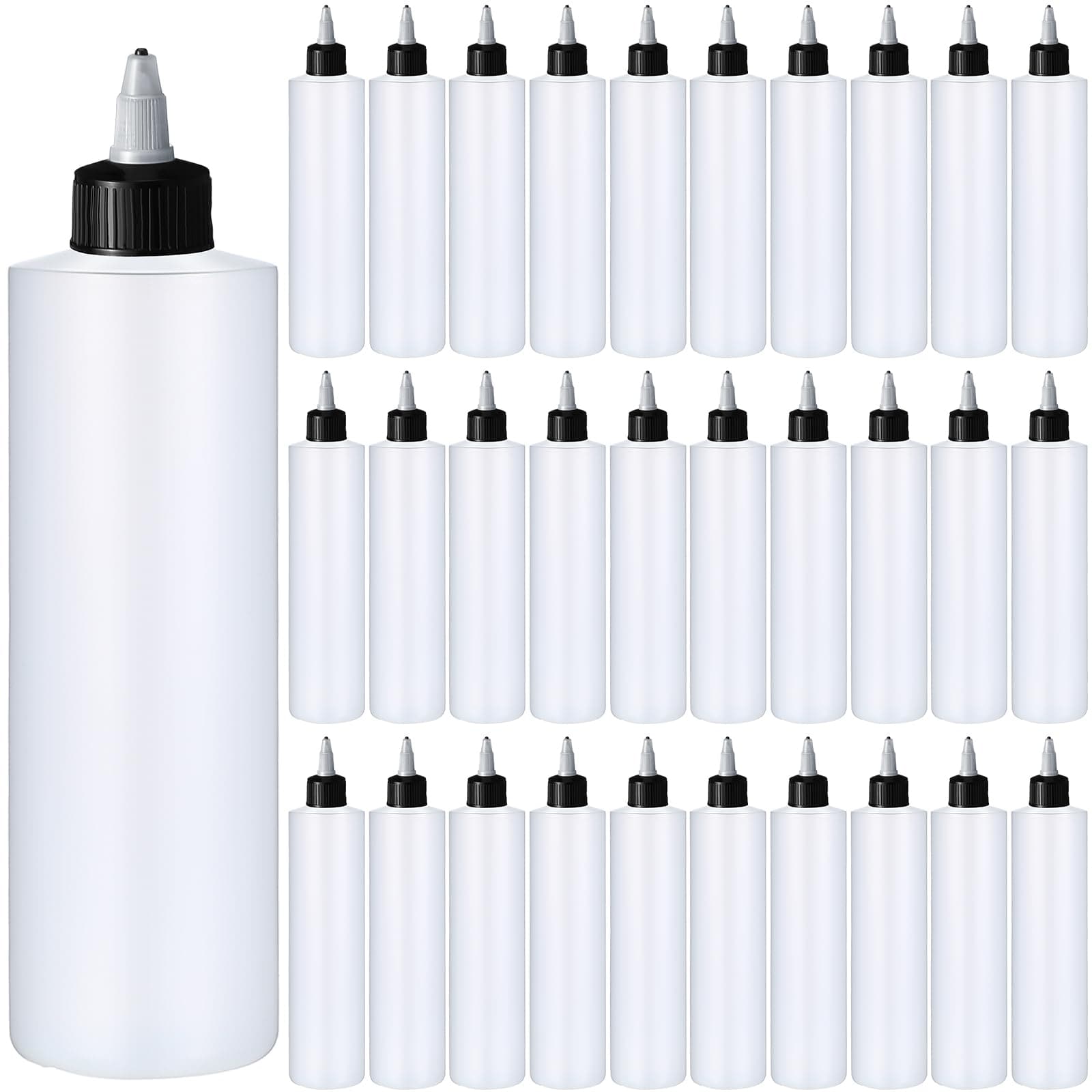 Irenare 30 Pack Plastic Condiment Squeeze Bottles for Sauces Empty Squirt Bottle with Top Cap Ketchup Squeeze Bottle for Condiment BBQ, Dressing, Paint, Workshop, Crafts (Black,16 oz)