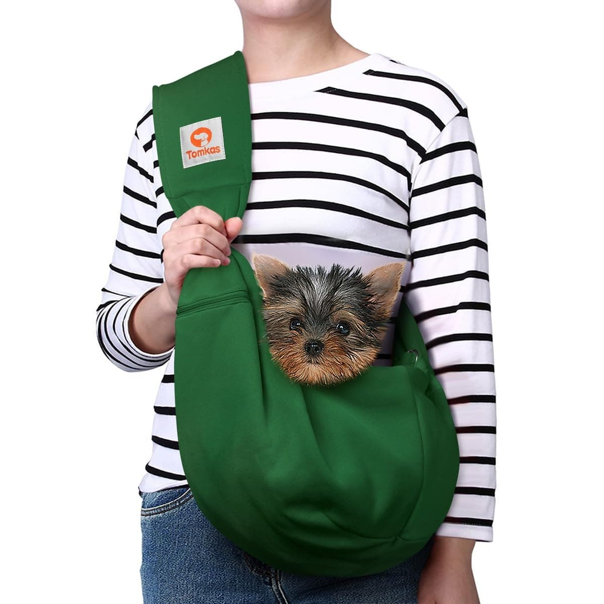 TOMKAS Small Dog Sling Carrier - Suitable for Puppies (Emerald Green, M - Zip Pocket & Adjust Strap)