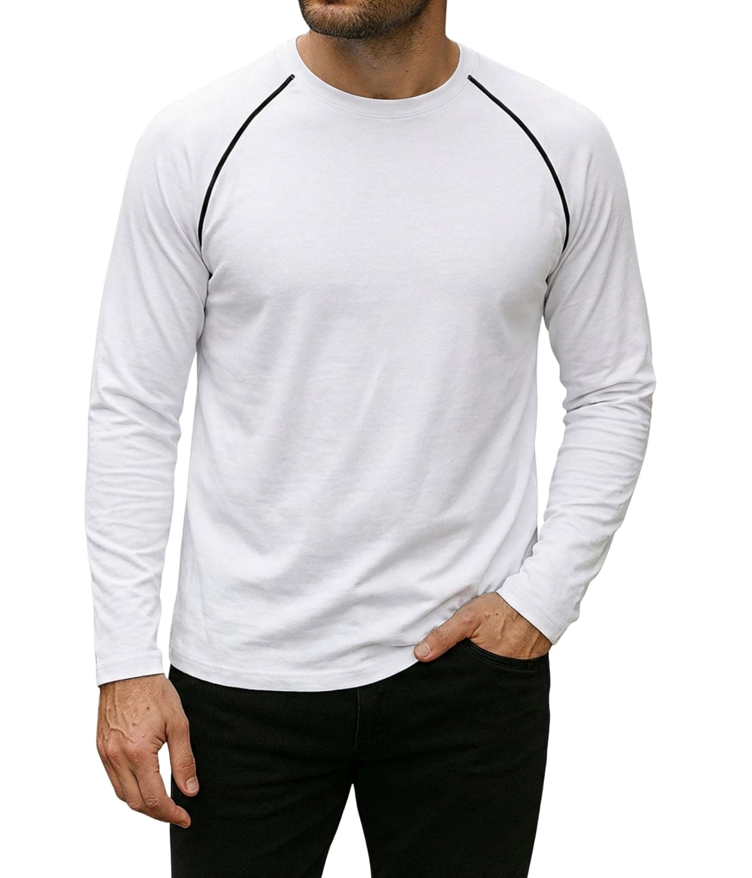 Decrum Long Sleeve T Shirt Men - Casual Fashion Tipping Baseball Style Mens Raglan Shirts, White - Mens Black Piping Raglan Shirt, S