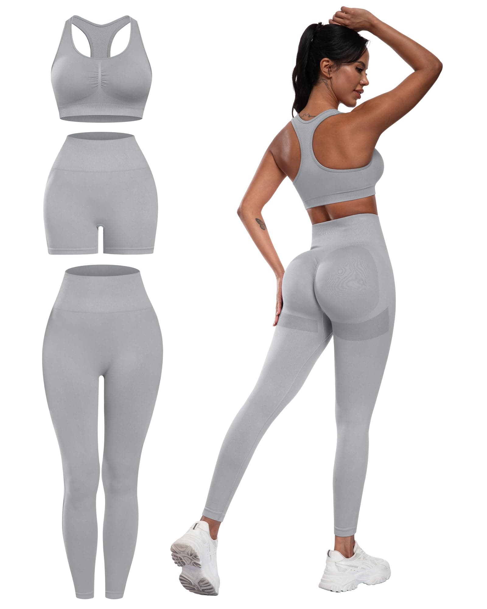 SALSPOR 3 Piece Workout Sets for Women Butt Lifting Leggings with High Impact Sports Bra Gym Shorts, Light Gray, S