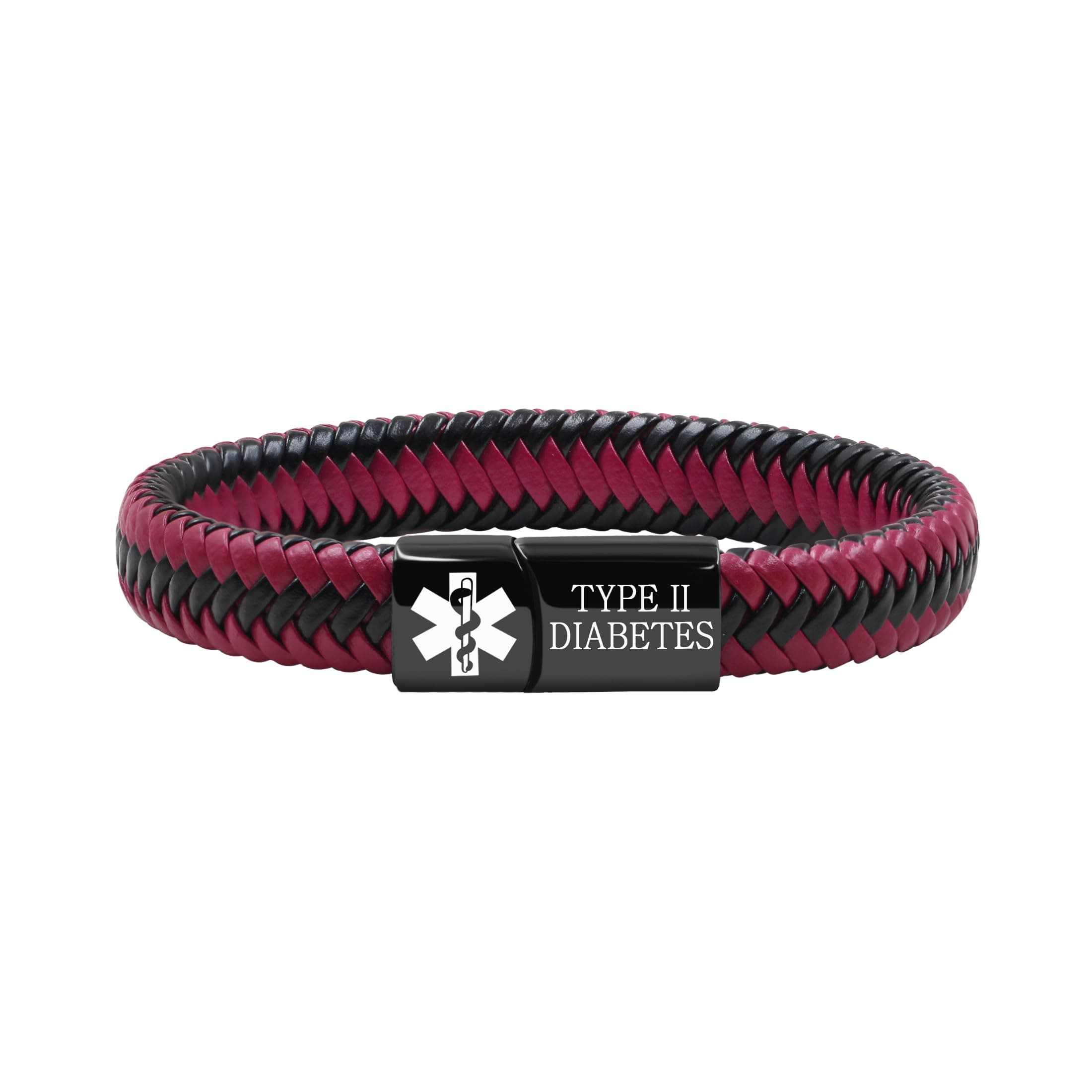 Zircobic Type 2 Diabetes Medical Alert Bracelet, Waterproof Black/Red PU Woven Wristband, Laser Engraved Stainless Steel Emergency ID, Hypoallergenic Unisex Health Warning Bracelet