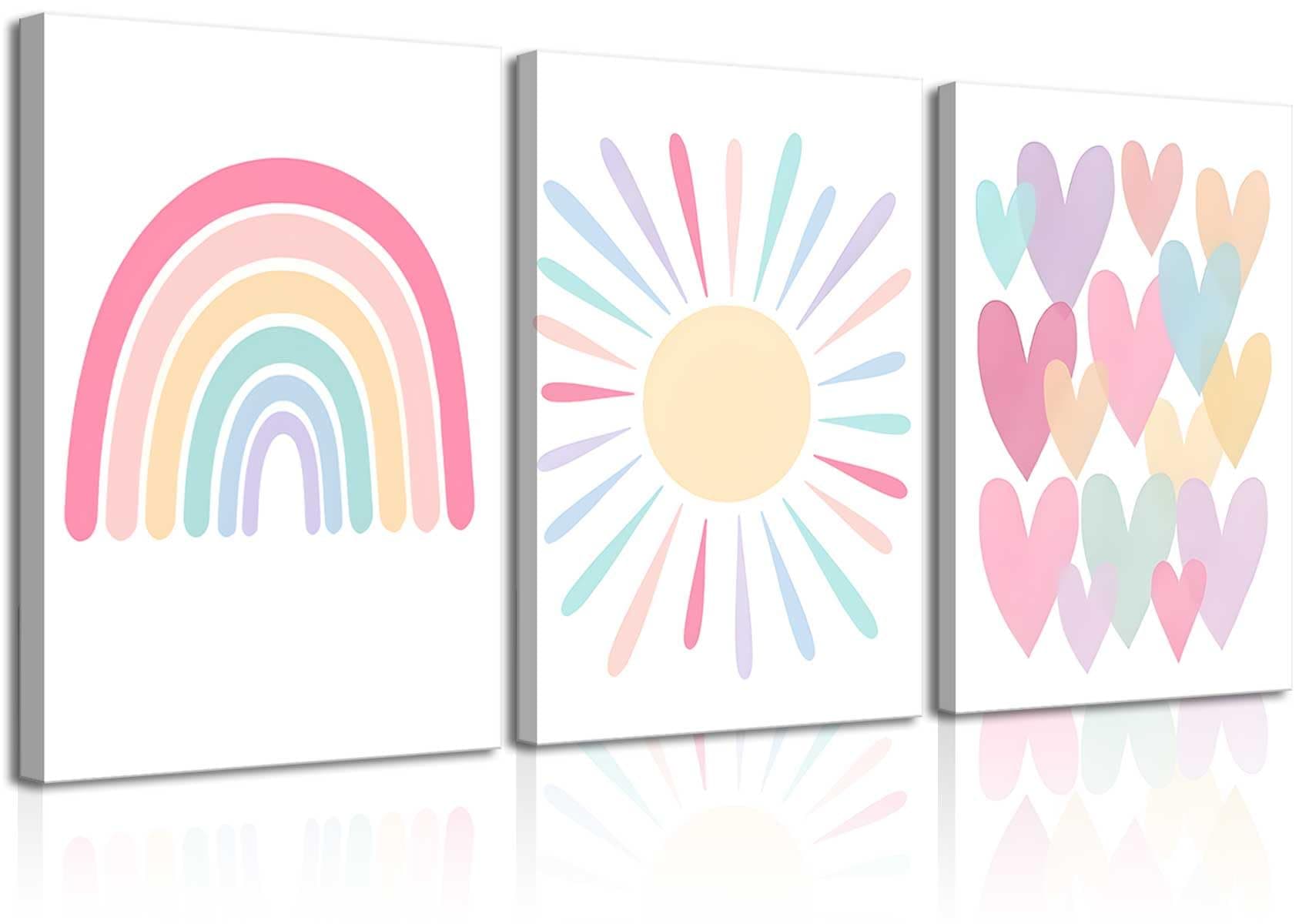 RCJARTI 3Pcs Framed Pink Nursery Canvas Wall Art Rainbow Poster Kids Bedroom Baby Girls Toddler Pastel Wall Decor Prints Sun Boho Pink Sunshine Painting for Classroom School Nursery Decoration