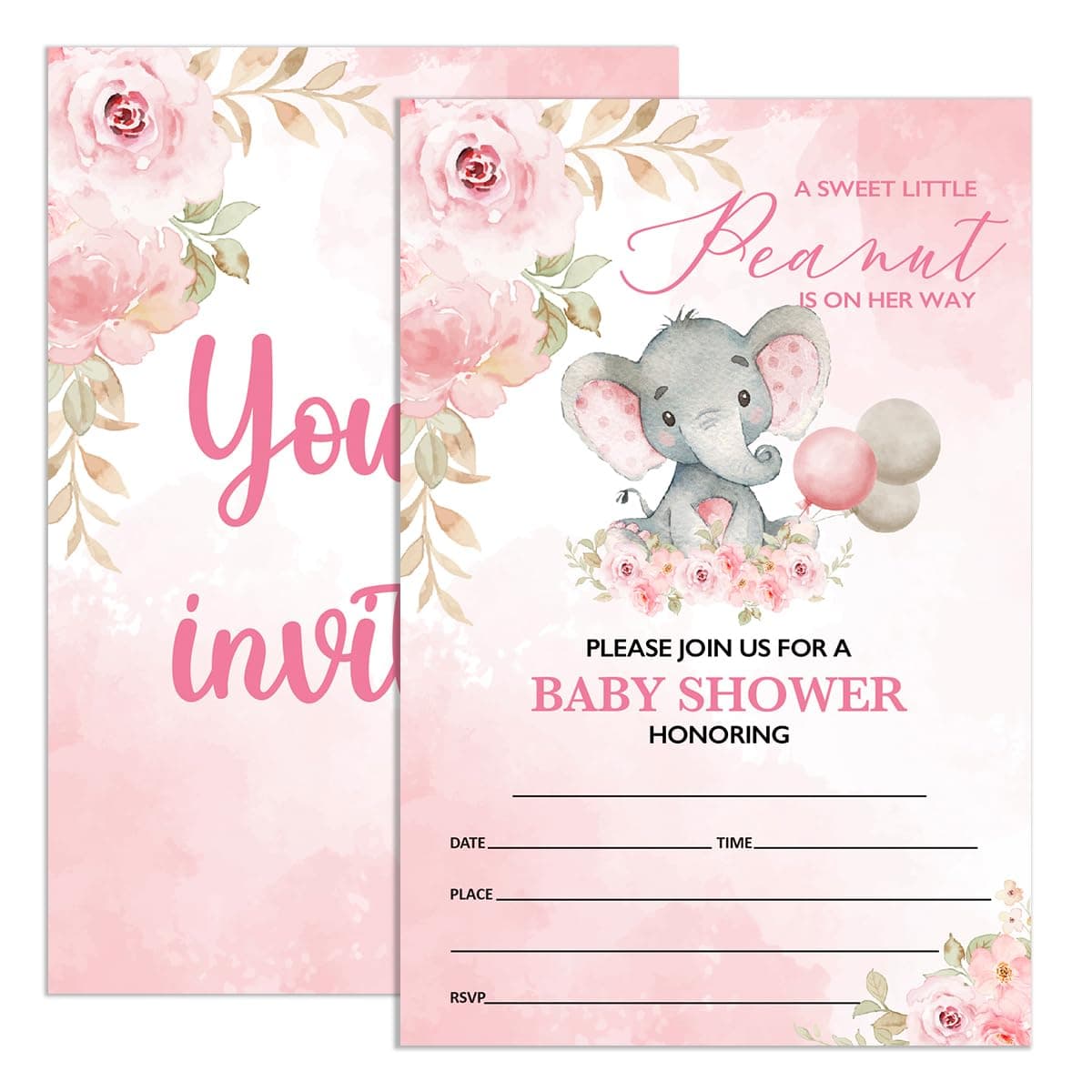 UDNADKEX Baby Shower Invitations for Girl Rose Elephant with Envelopes, Invites for Baby Showers Party Floral, Blush Pink Baby Shower Invite Cards, A Sweet Little Peanut, 4"x6" Set of 20