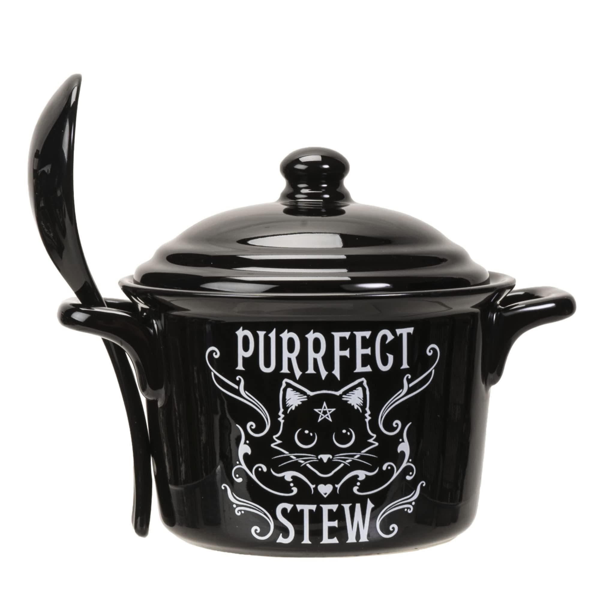 Pacific Giftware Purrfect Stew Serving Pot with Spoon, Ceramic Bowl for Soup Dishes, Approximately 4.72 Inches X 5.91Inches, 14 FL OZ