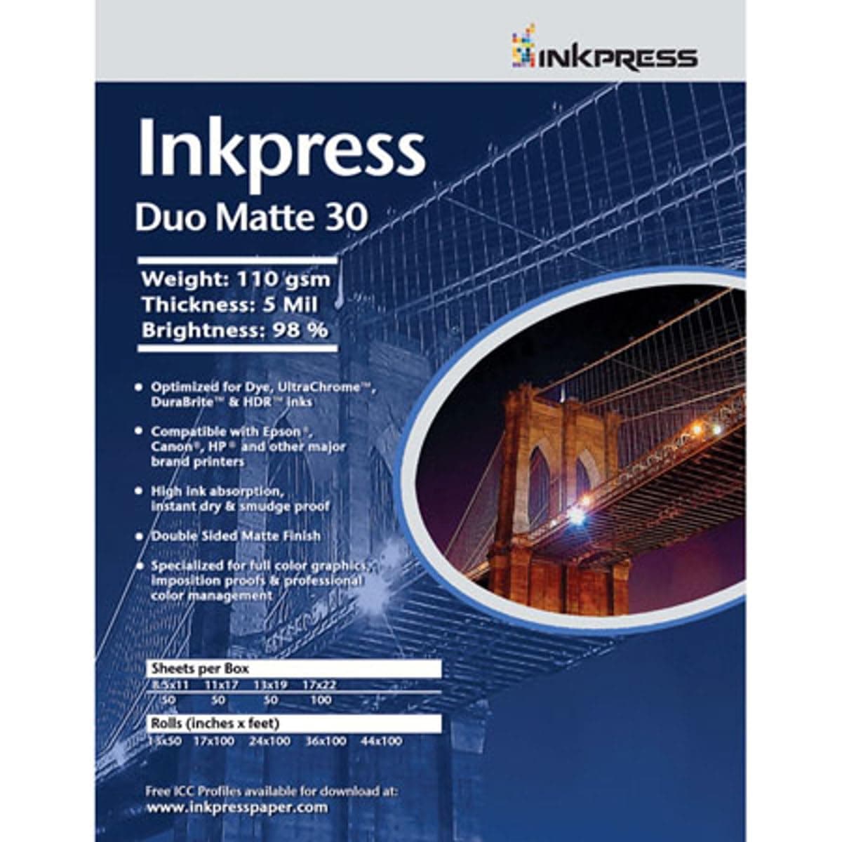Inkpress Duo Matte 30 Inkjet Paper, 110 GSM Weight, 5 mil Thickness, 98% Brightness, Double Sided, 13x19", 50 Sheets
