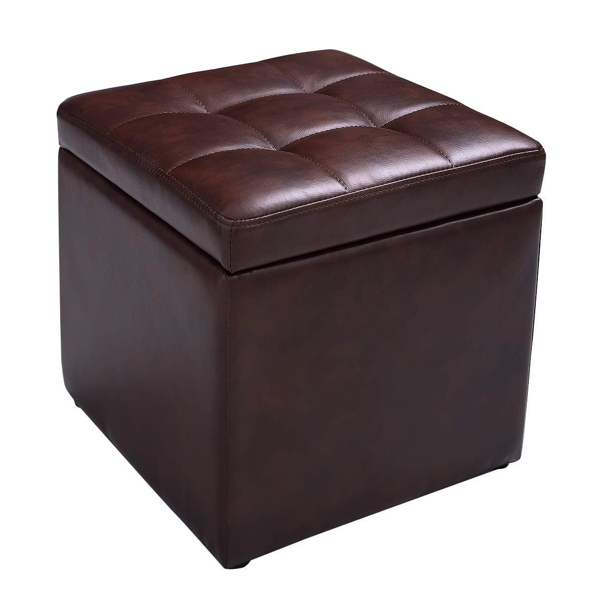 HOMGX 16'' Cube Storage Ottoman, Wooden Frame PU Leather Seat with Hinge Top and Bottom Feet, Pouffe Ottoman for Living Room,Bedroom (Brown)