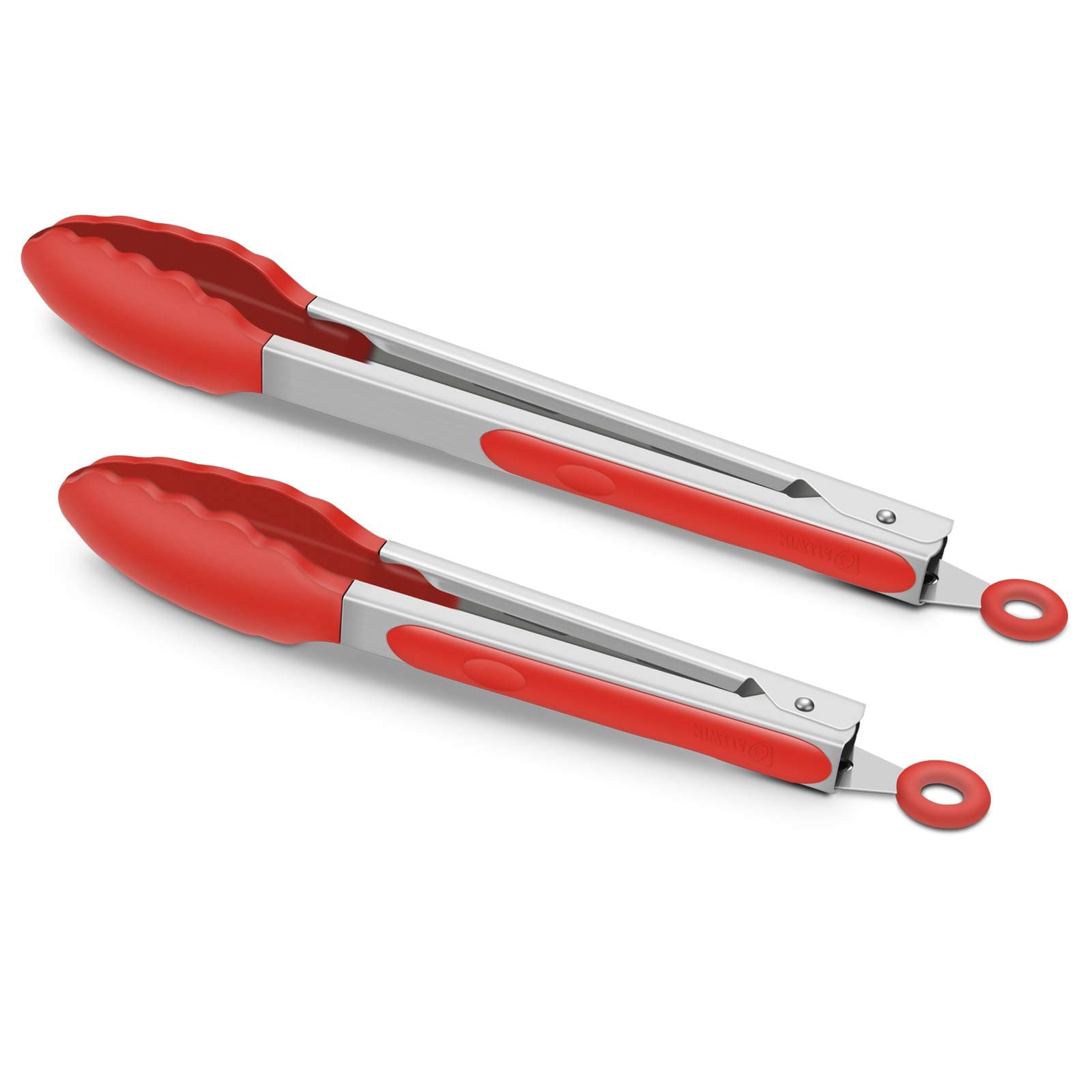 2 Pack Silicone Kitchen Tongs – 9" & 12" Set, Heat Resistant up to 500°F, Non‑Stick Cookware Safe, Wavy Silicone Tips, BPA Free, Locking Clip & Hanging Loop, Red